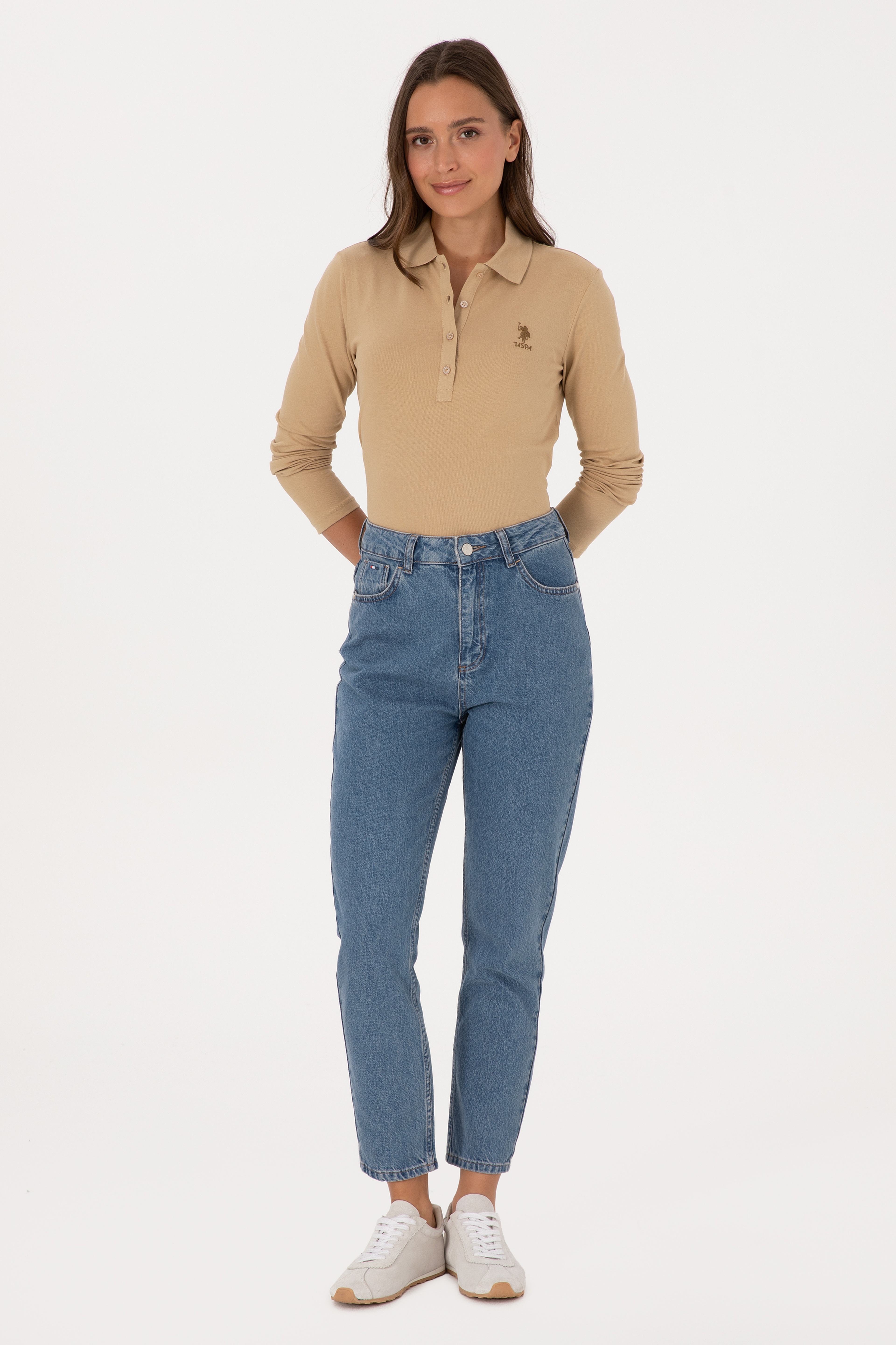 Kadın Kum Basic Polo Yaka Sweatshırt