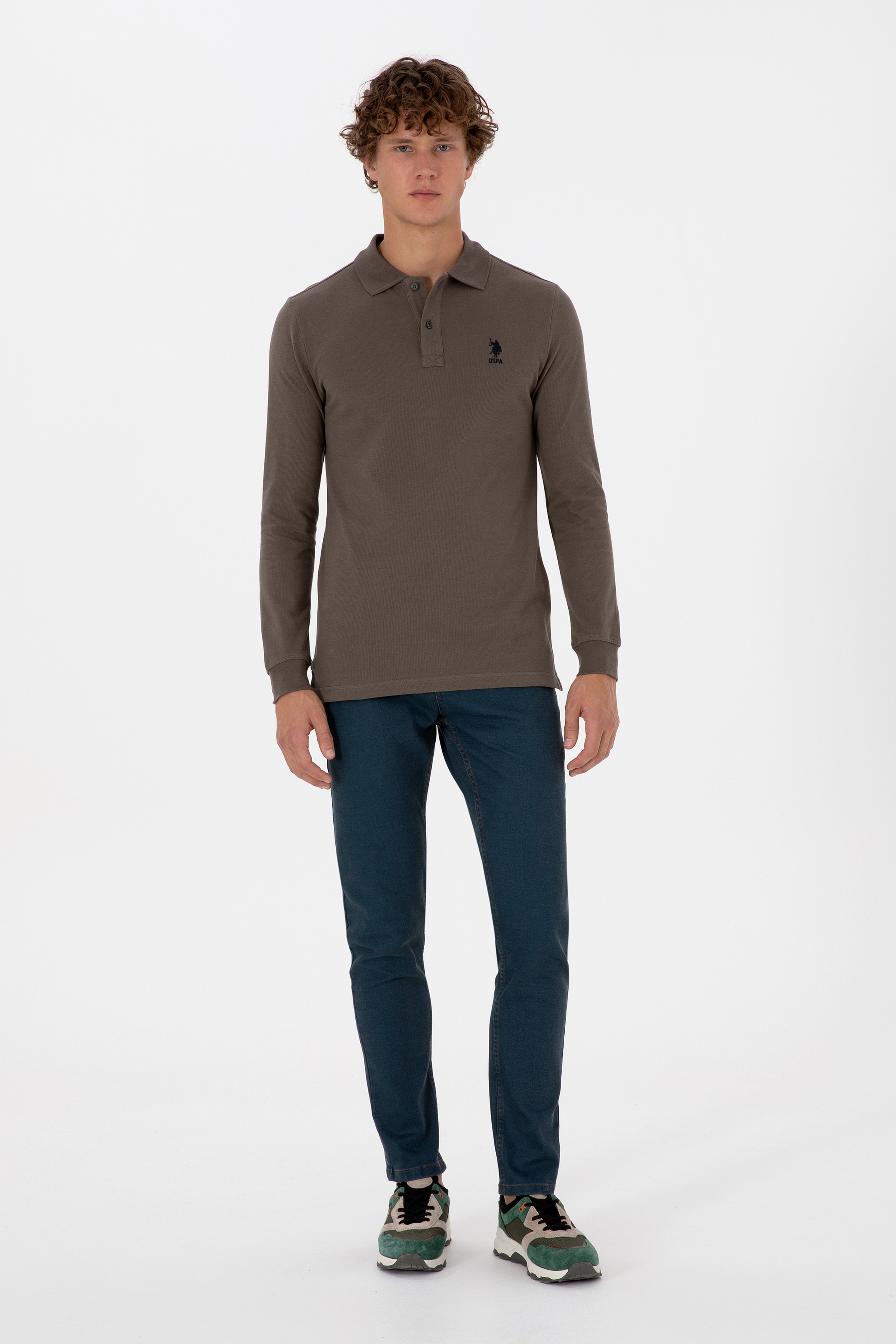 Erkek Regular Fit Polo Yaka Vizon Basic Sweatshirt