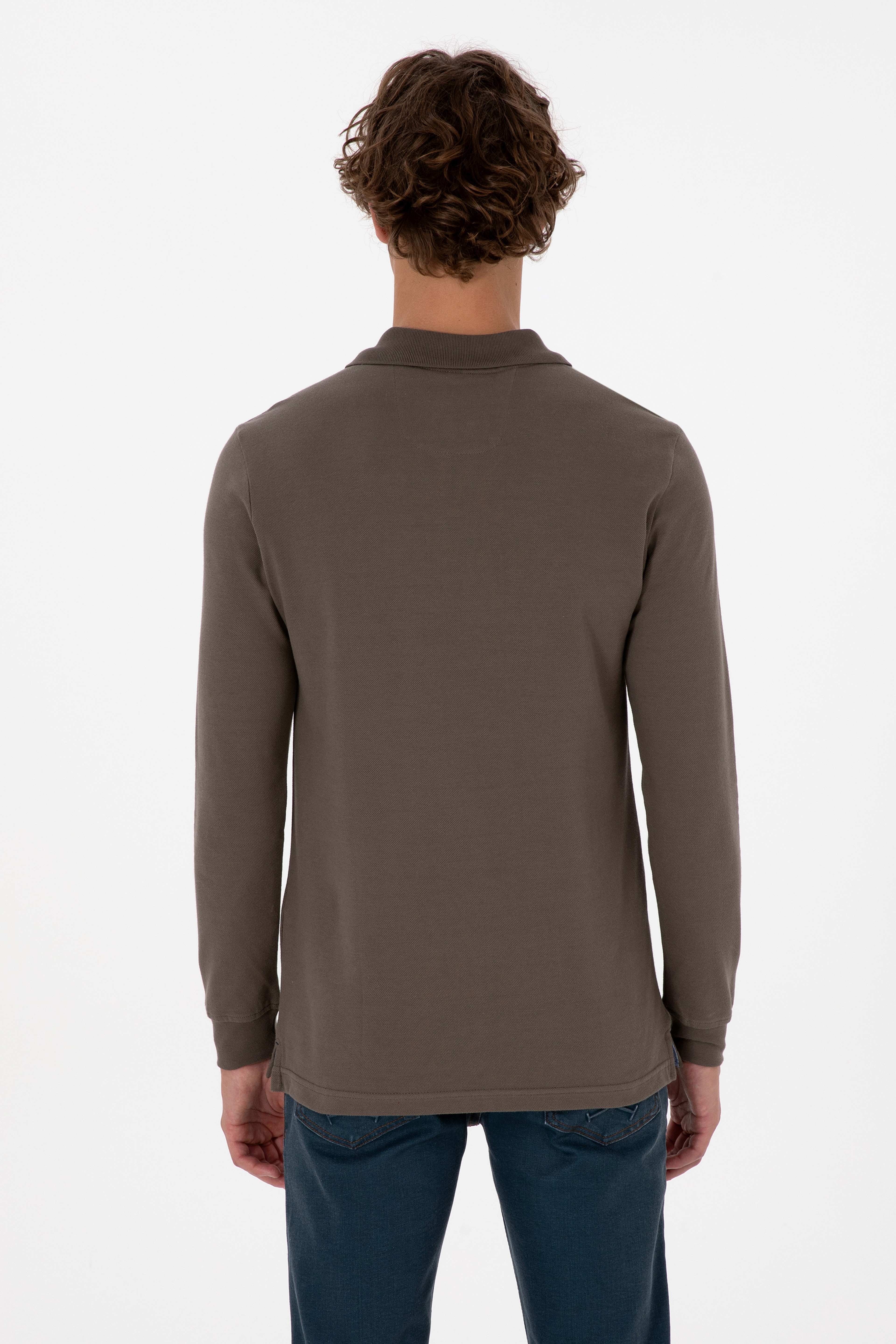Erkek Regular Fit Polo Yaka Vizon Basic Sweatshirt - Image 5