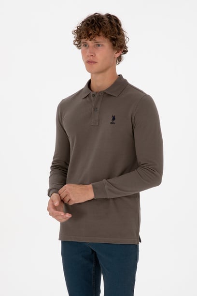 Erkek Regular Fit Polo Yaka Vizon Basic Sweatshirt