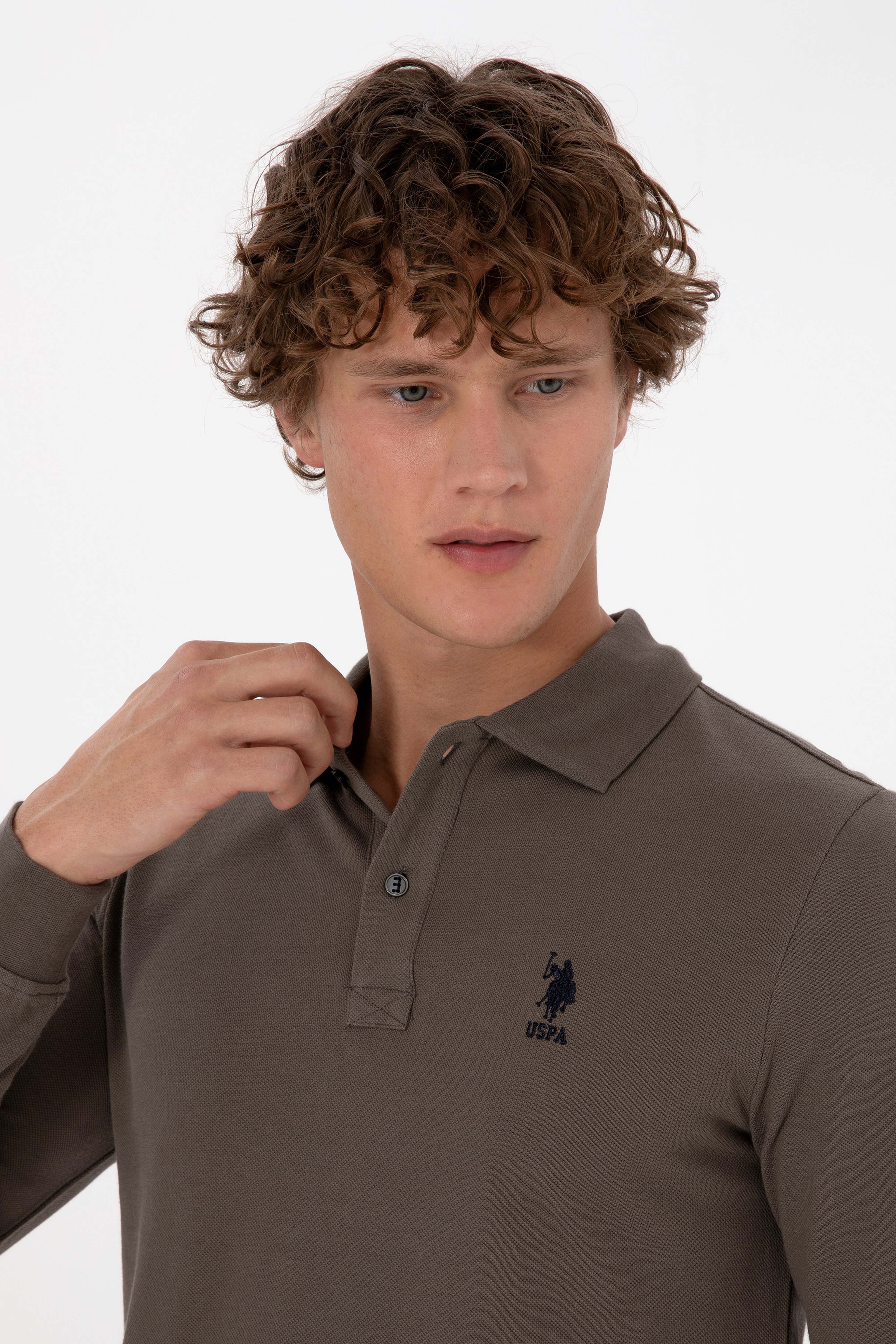 Erkek Regular Fit Polo Yaka Vizon Basic Sweatshirt - Image 2