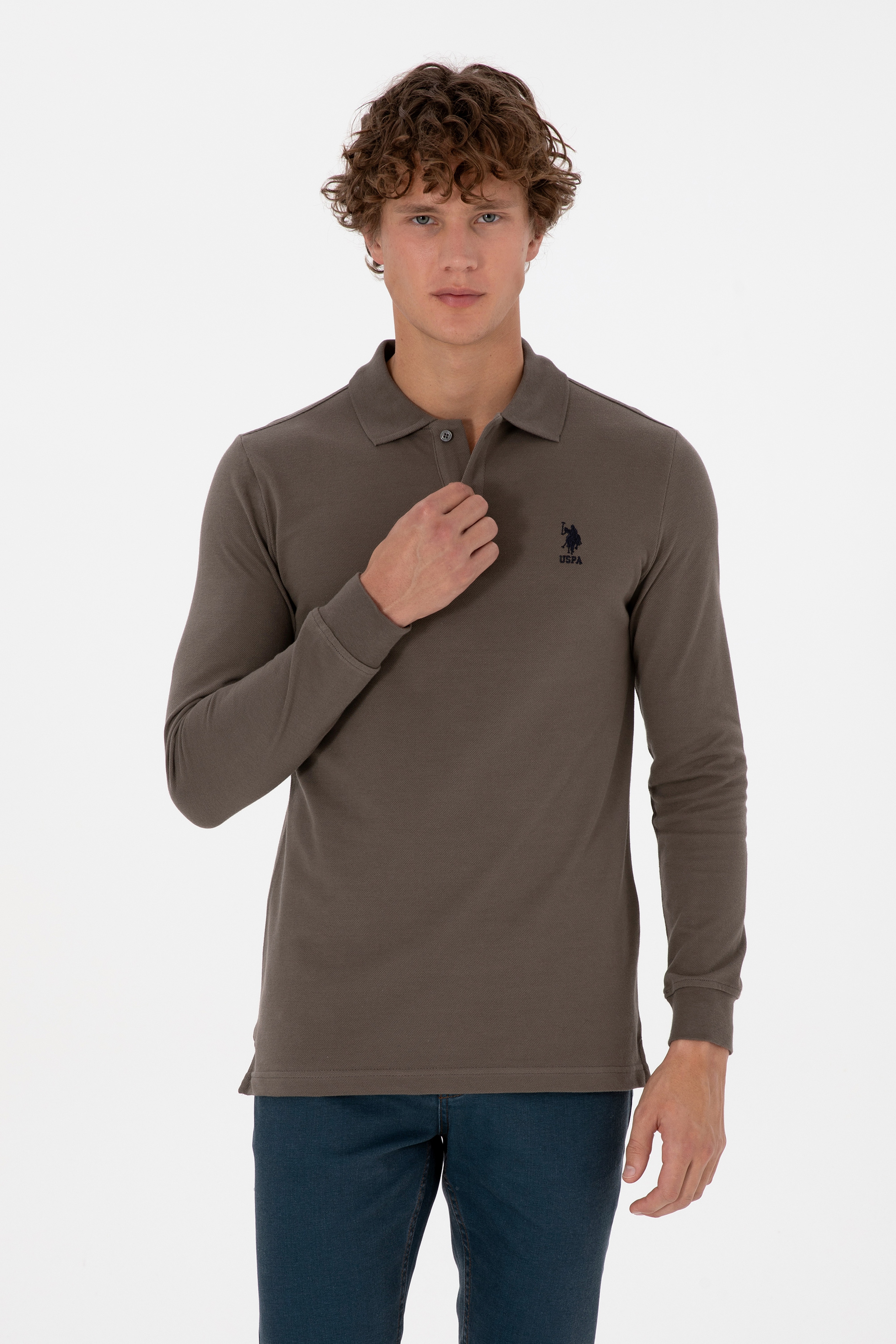 Erkek Regular Fit Polo Yaka Vizon Basic Sweatshirt - Image 1