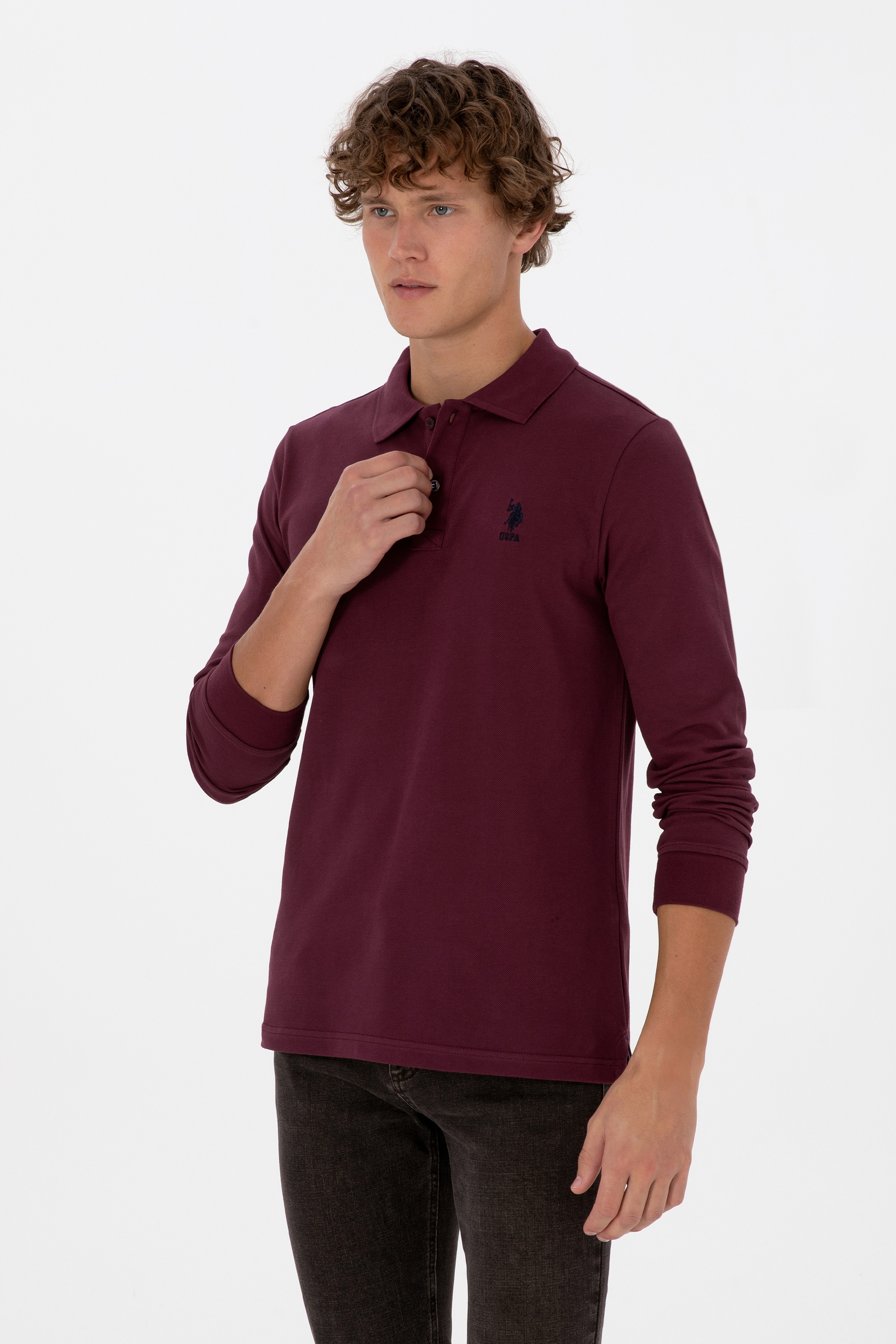Erkek Regular Fit Polo Yaka Koyu Bordo Basic Sweatshirt - Image 3