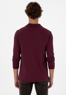 Erkek Regular Fit Polo Yaka Koyu Bordo Basic Sweatshirt - 50307757257