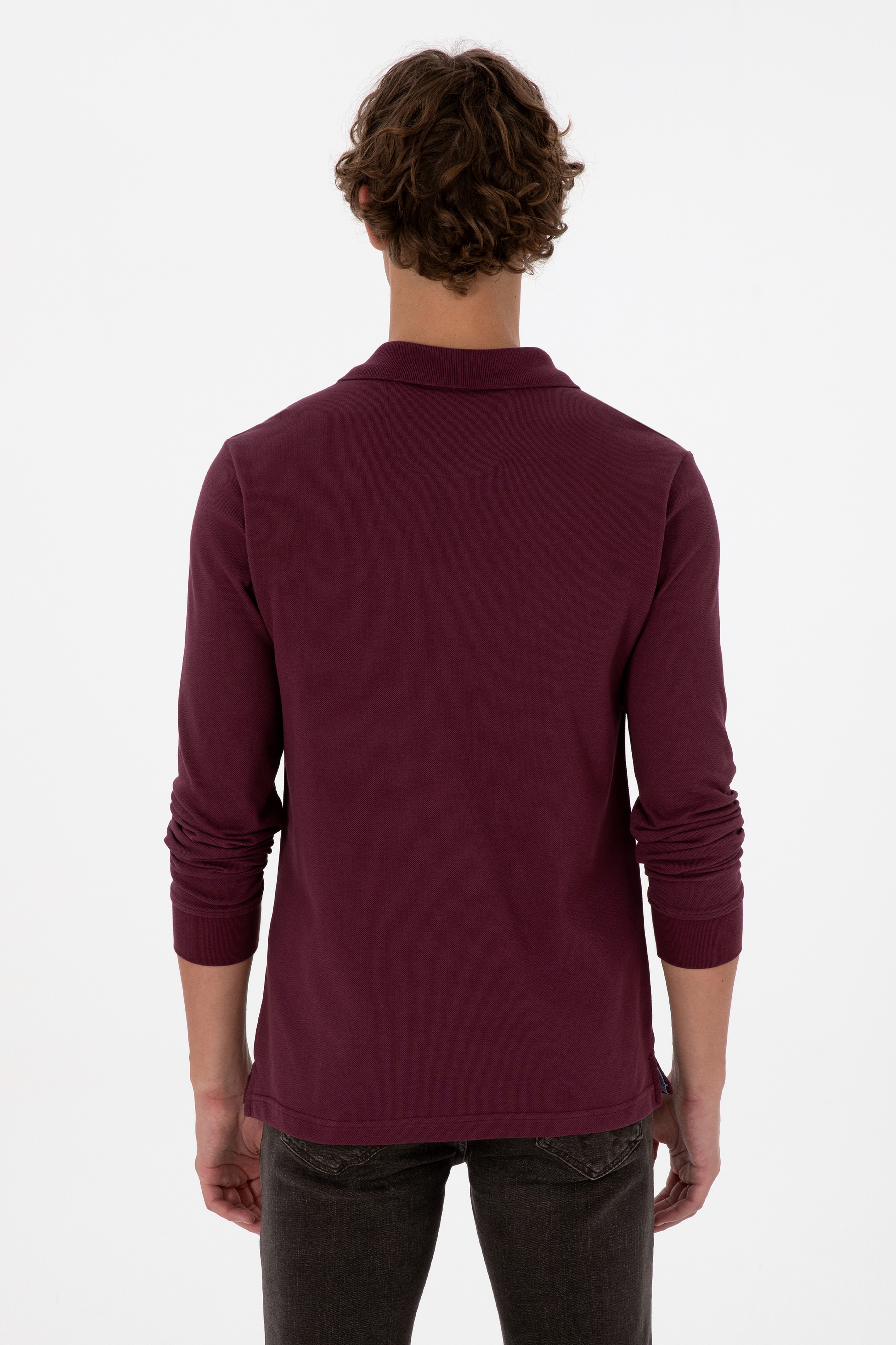 Erkek Regular Fit Polo Yaka Koyu Bordo Basic Sweatshirt - Image 5