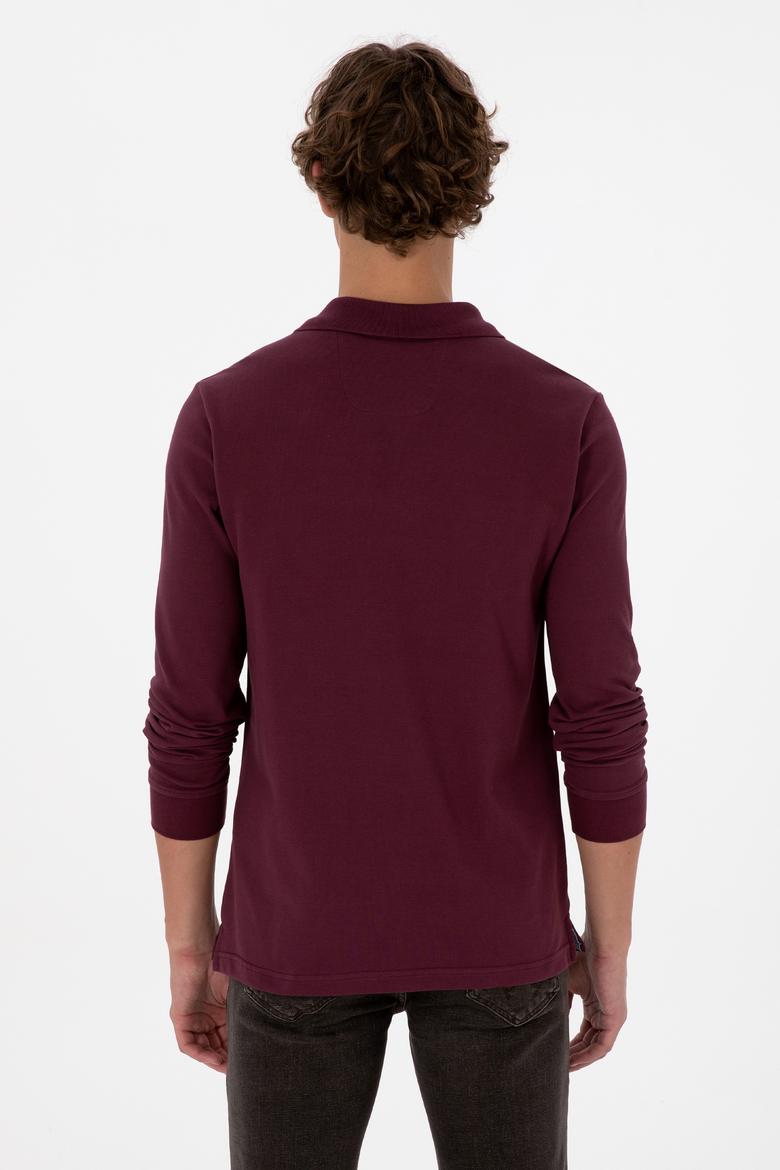 Erkek Regular Fit Polo Yaka Koyu Bordo Basic Sweatshirt - 50307757257