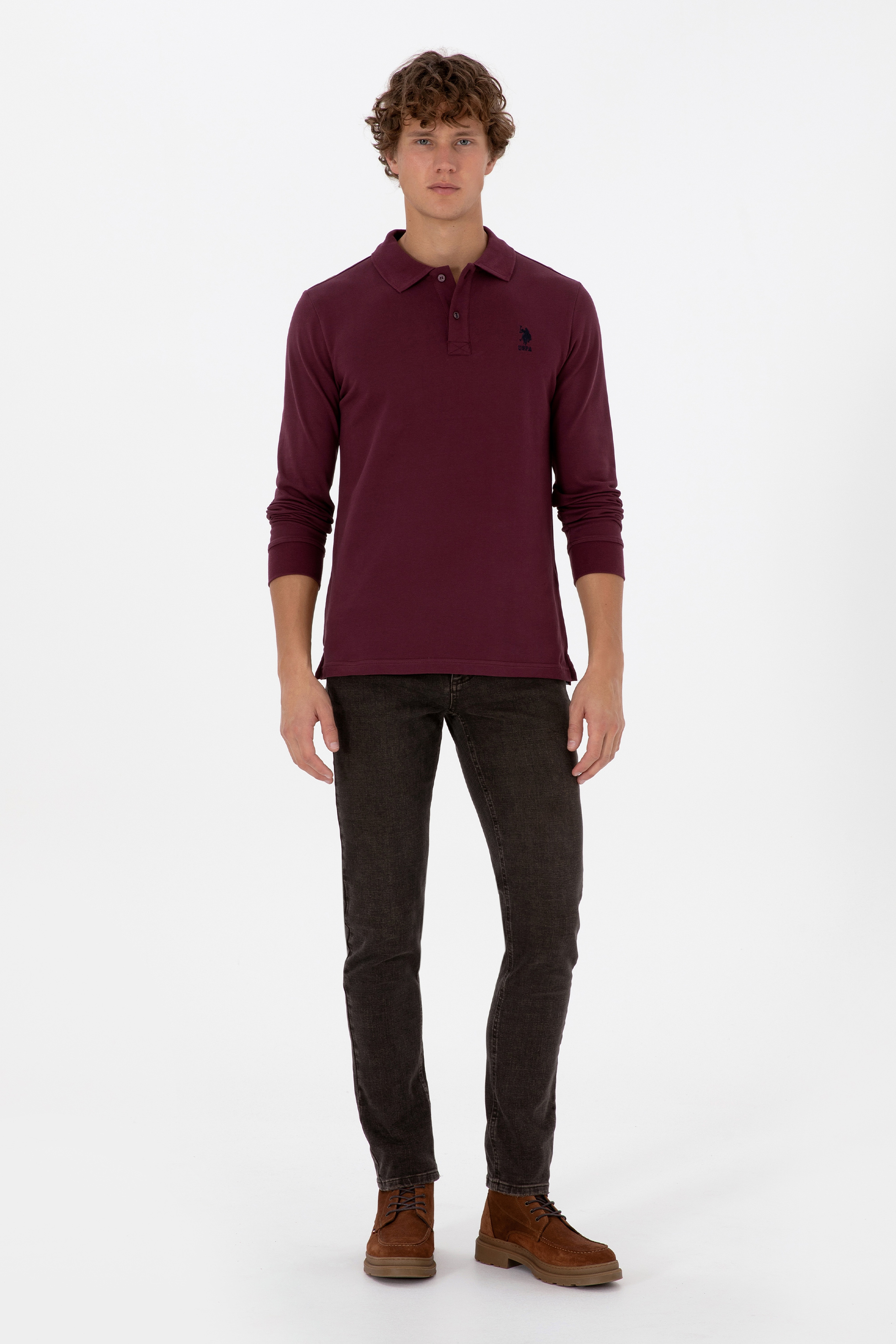 Erkek Regular Fit Polo Yaka Koyu Bordo Basic Sweatshirt
