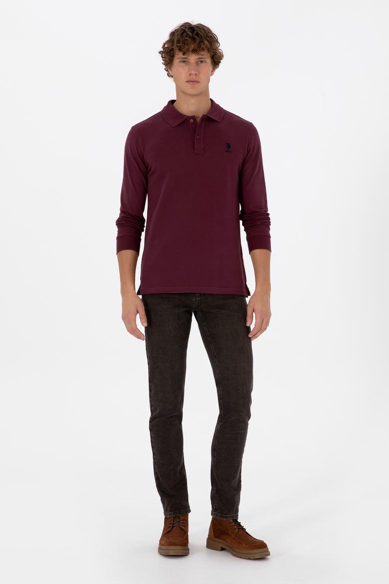 Erkek Regular Fit Polo Yaka Koyu Bordo Basic Sweatshirt - 50307757257