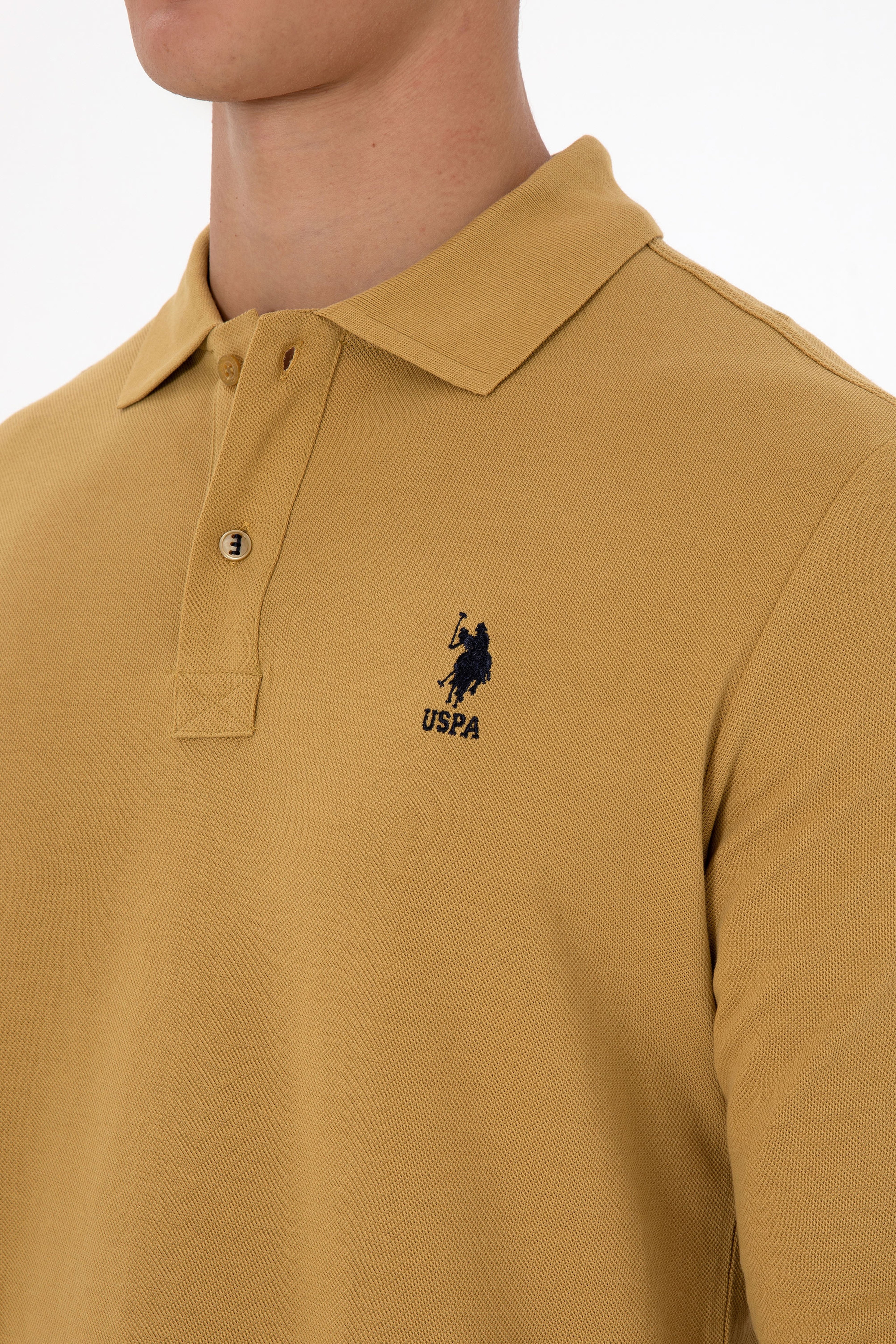 Erkek Regular Fit Polo Yaka Koyu Sarı Basic Sweatshirt - Image 7
