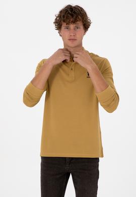 Erkek Regular Fit Polo Yaka Koyu Sarı Basic Sweatshirt - 50307757287