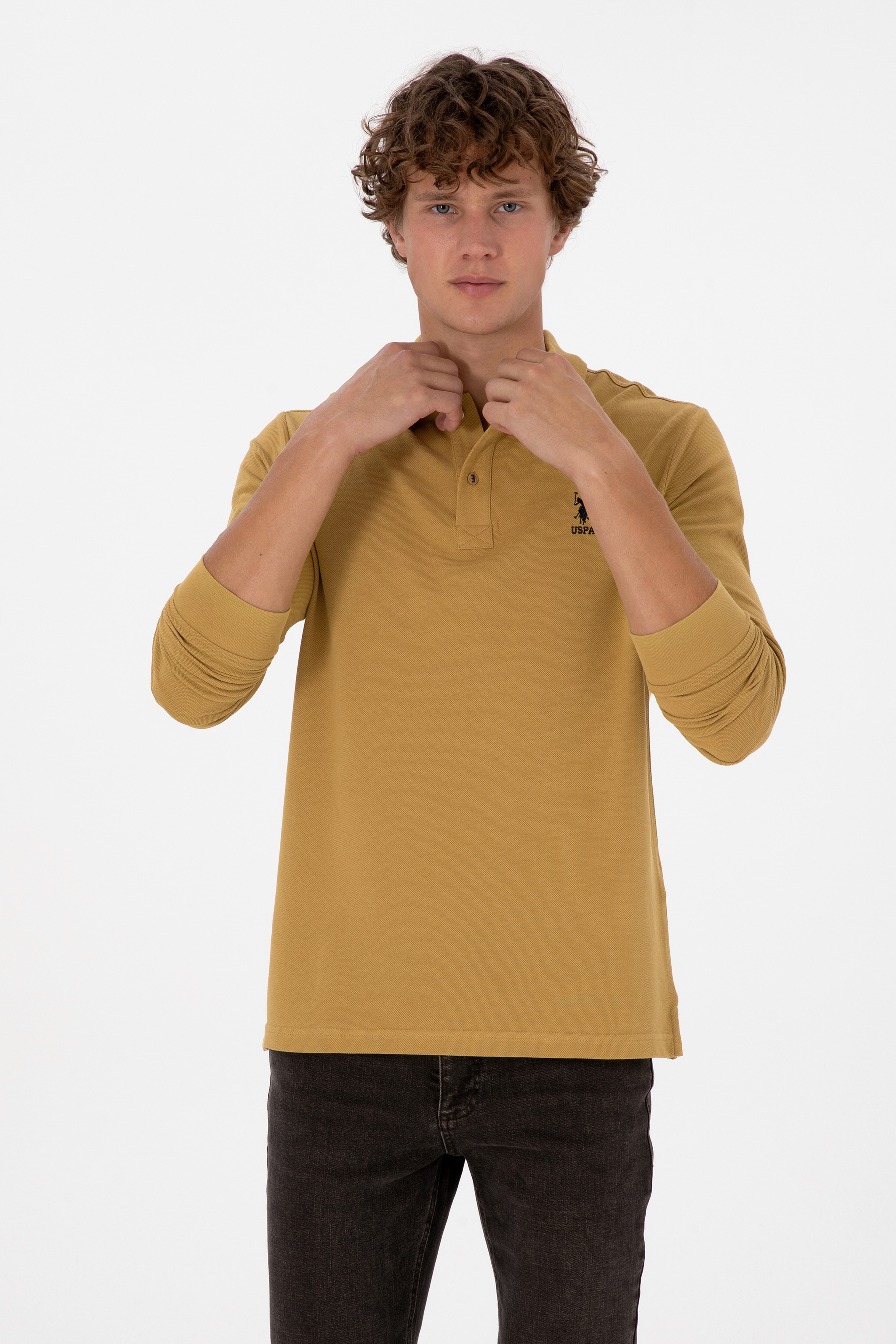 Erkek Regular Fit Polo Yaka Koyu Sarı Basic Sweatshirt