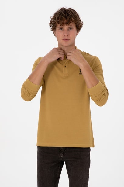 Erkek Regular Fit Polo Yaka Koyu Sarı Basic Sweatshirt