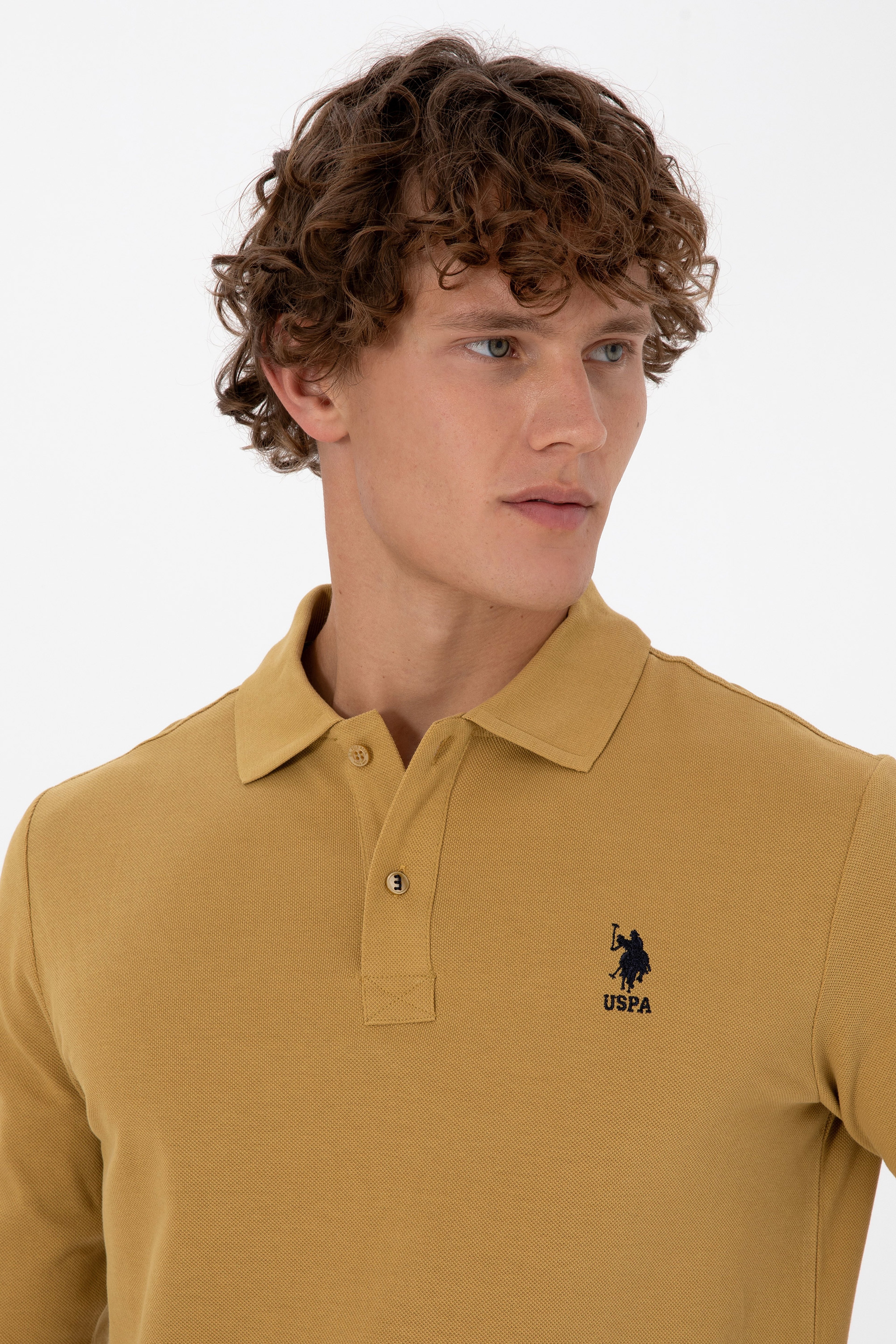 Erkek Regular Fit Polo Yaka Koyu Sarı Basic Sweatshirt - Image 2