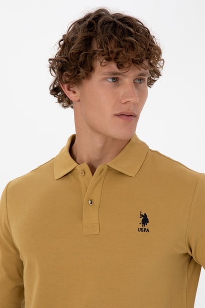 Erkek Regular Fit Polo Yaka Koyu Sarı Basic Sweatshirt