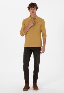 Erkek Regular Fit Polo Yaka Koyu Sarı Basic Sweatshirt - 50307757287