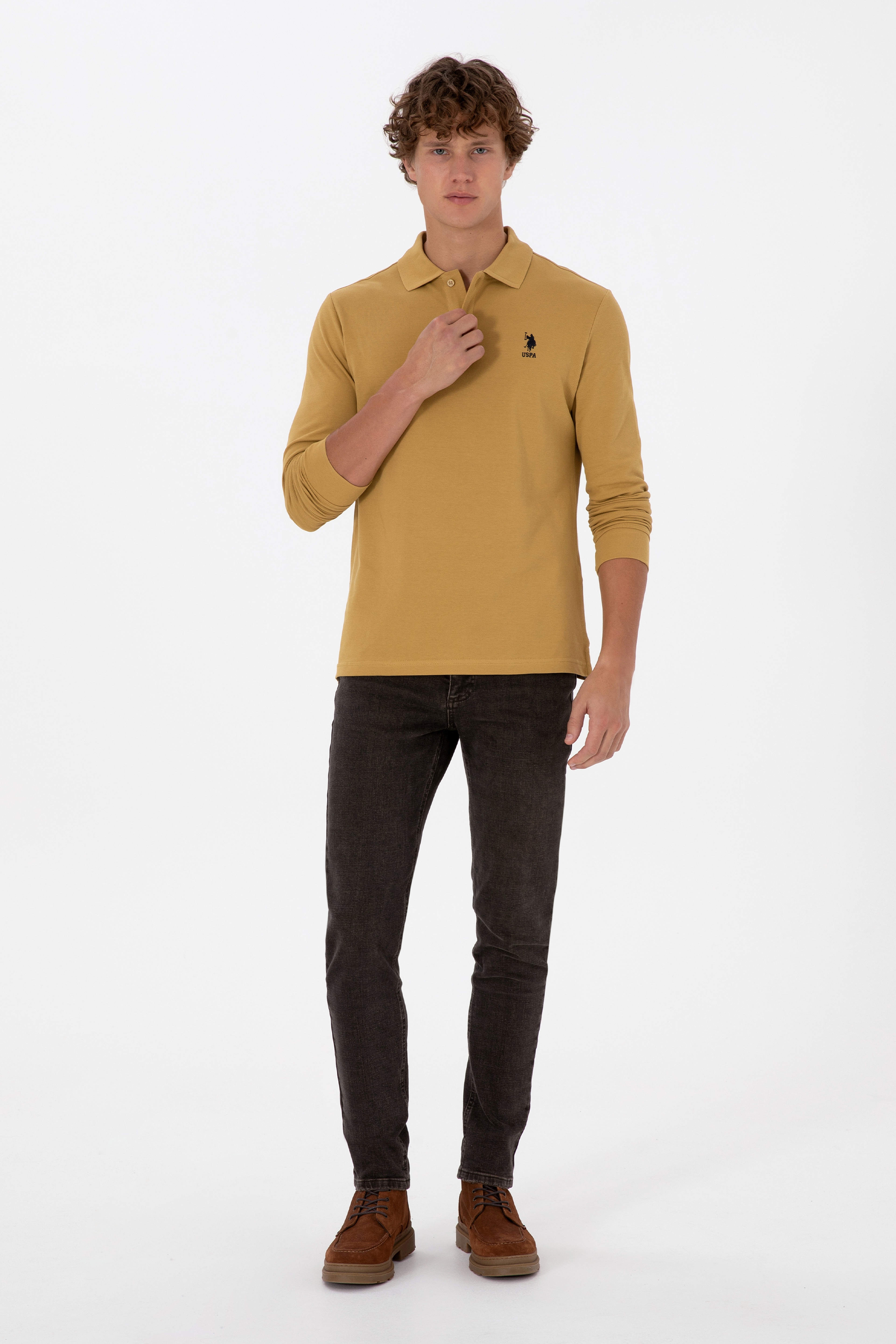 Erkek Regular Fit Polo Yaka Koyu Sarı Basic Sweatshirt - Image 4