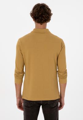 Erkek Regular Fit Polo Yaka Koyu Sarı Basic Sweatshirt - 50307757287