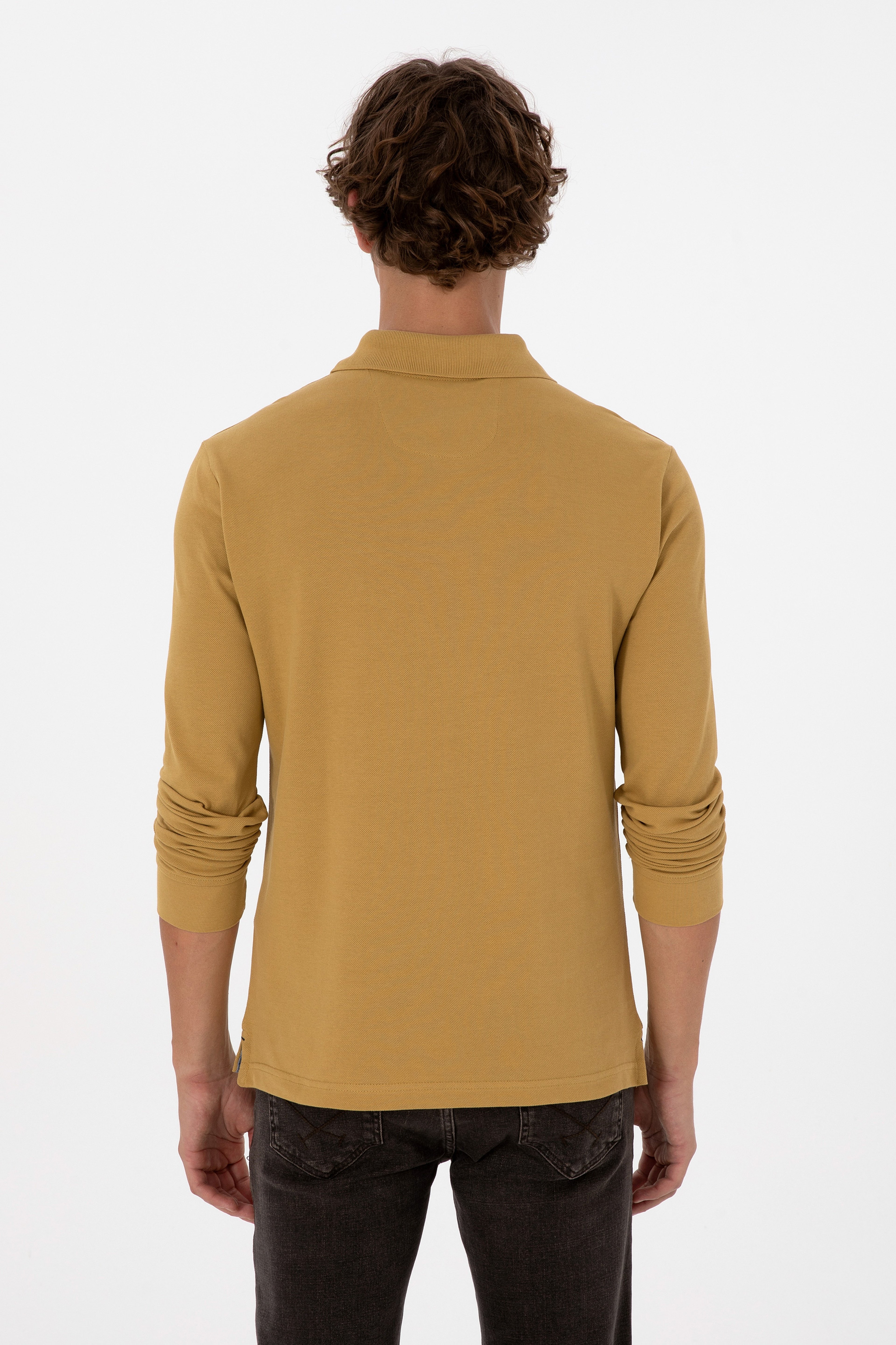 Erkek Regular Fit Polo Yaka Koyu Sarı Basic Sweatshirt - Image 5