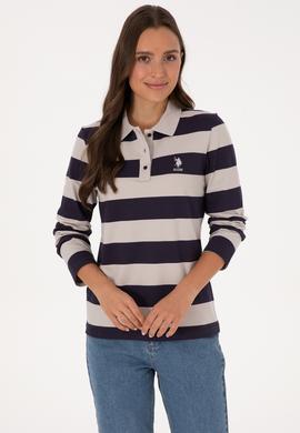 Kadın Mürdüm Çizgili Polo Yaka Sweatshirt - 50314207030