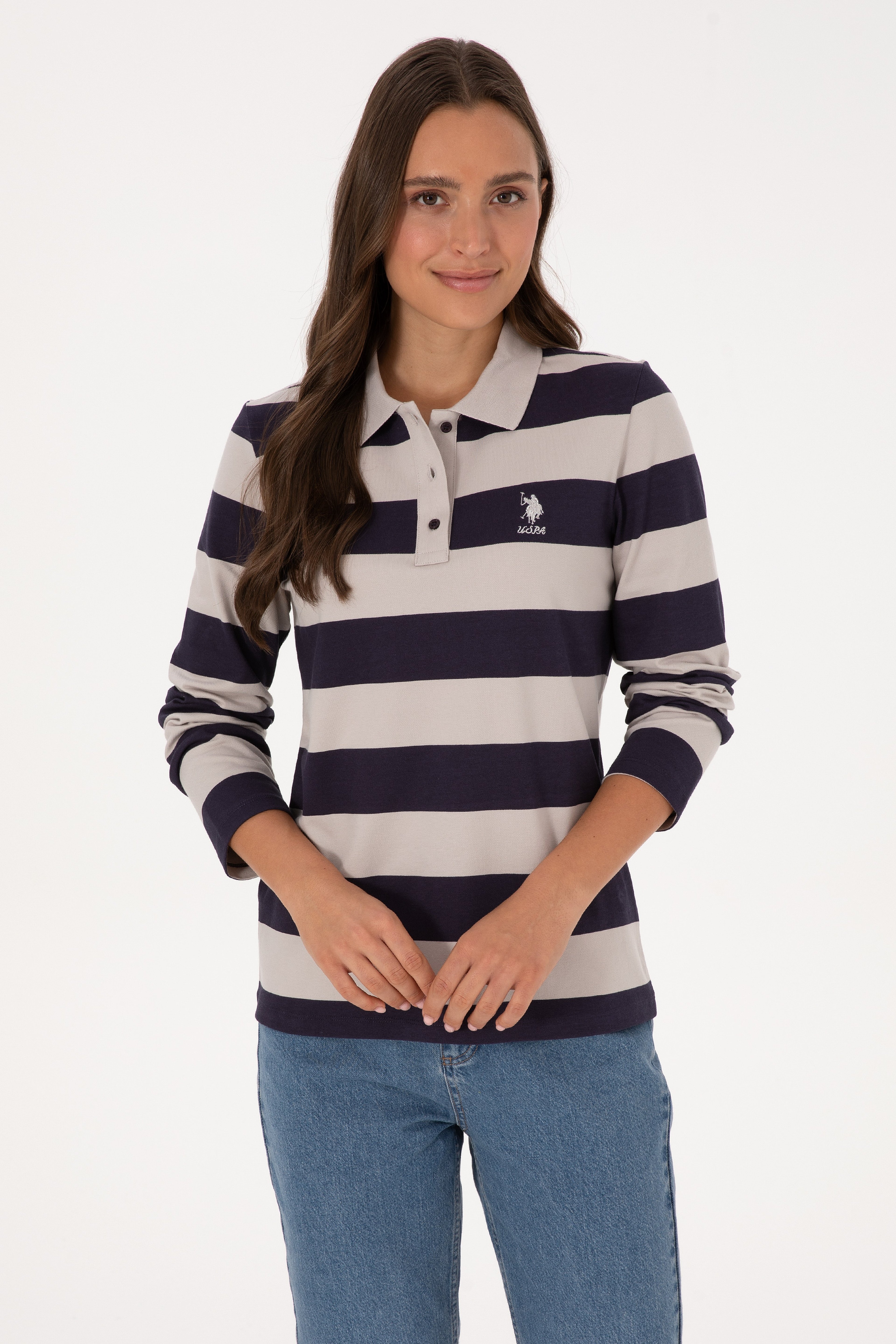 Kadın Mürdüm Çizgili Polo Yaka Sweatshirt - Image 3
