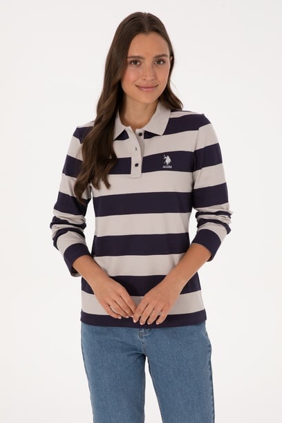 Kadın Mürdüm Çizgili Polo Yaka Sweatshirt