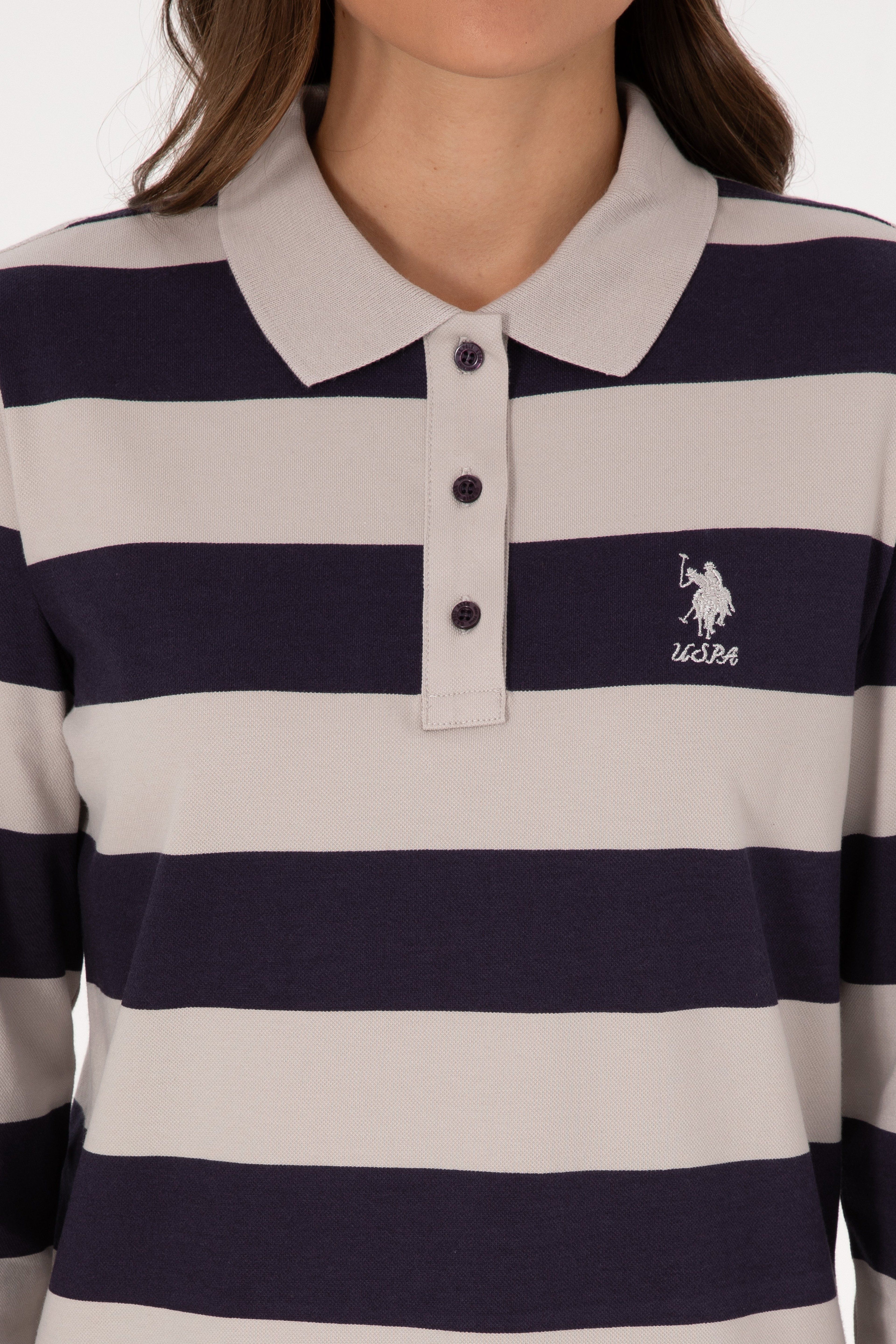 Kadın Mürdüm Çizgili Polo Yaka Sweatshirt - Image 6