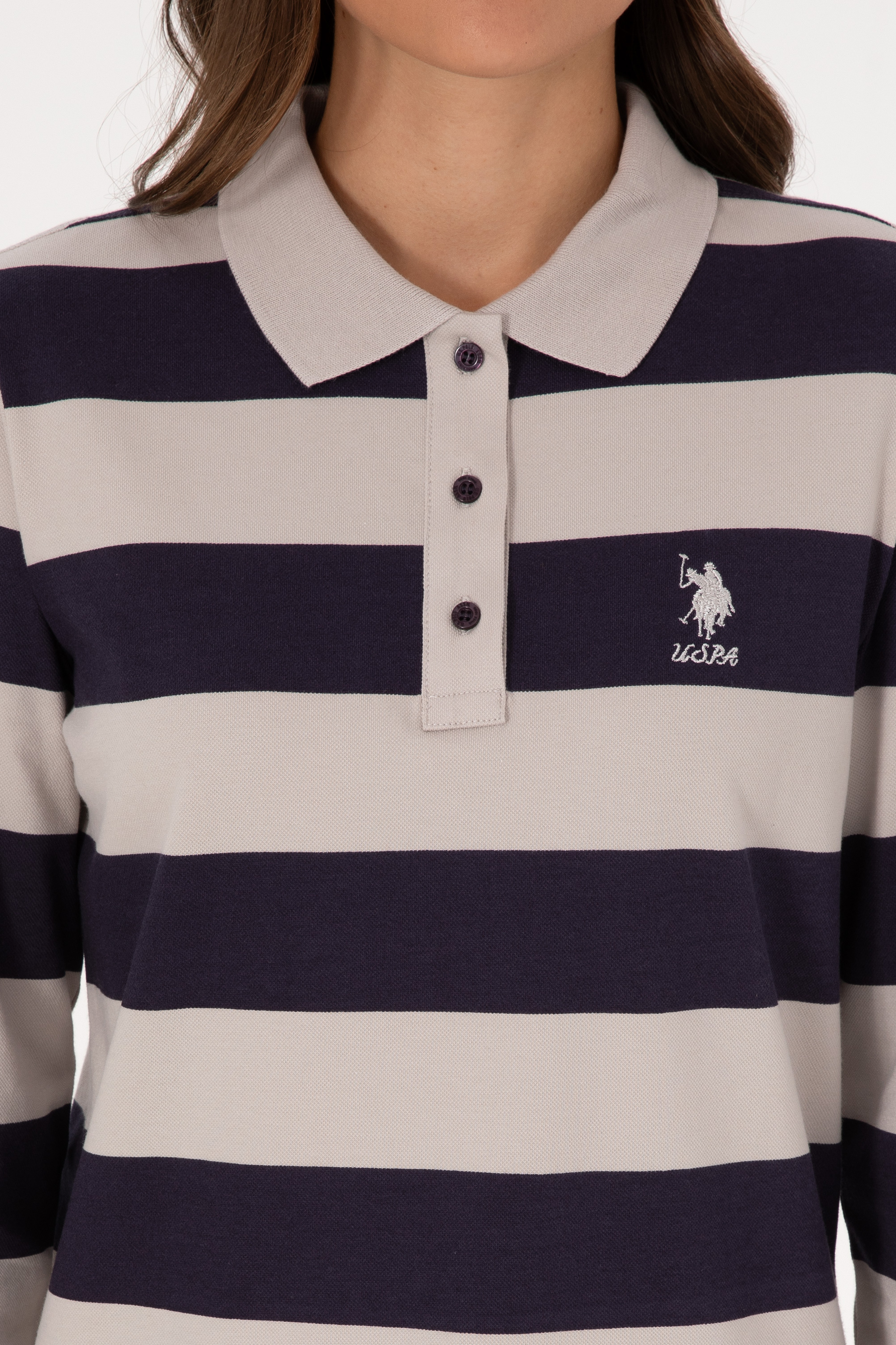 Kadın Mürdüm Çizgili Polo Yaka Sweatshirt