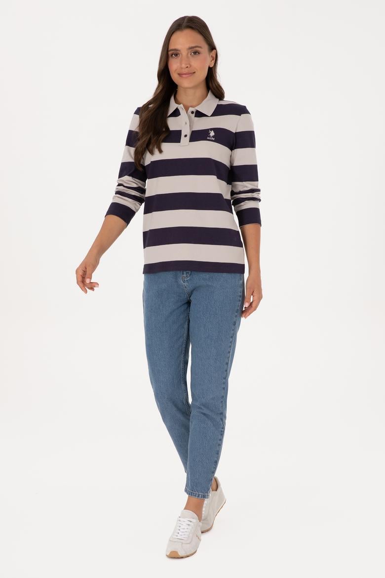 Kadın Mürdüm Çizgili Polo Yaka Sweatshirt - 50314207030