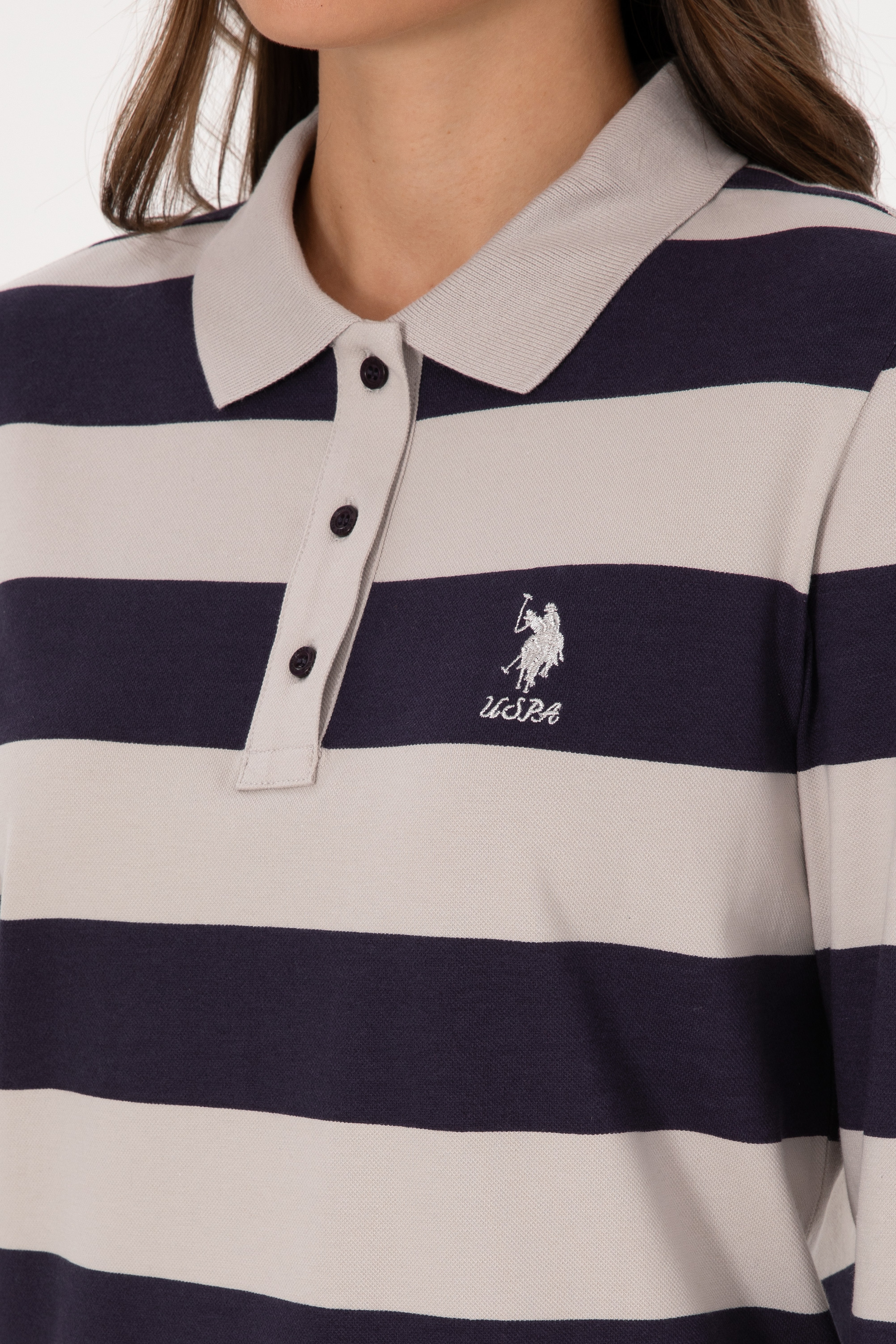 Kadın Mürdüm Çizgili Polo Yaka Sweatshirt - Image 7