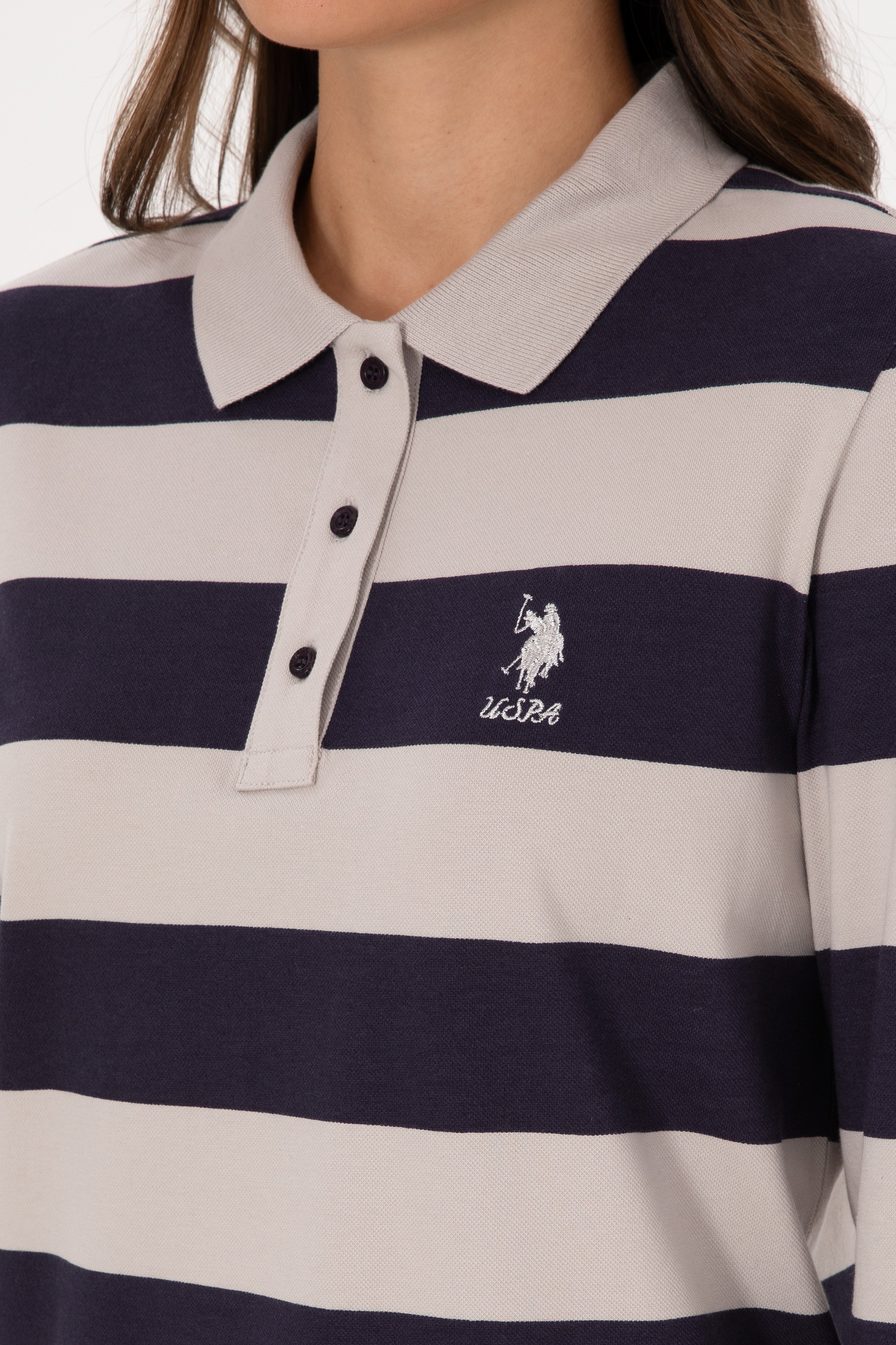 Kadın Mürdüm Çizgili Polo Yaka Sweatshirt