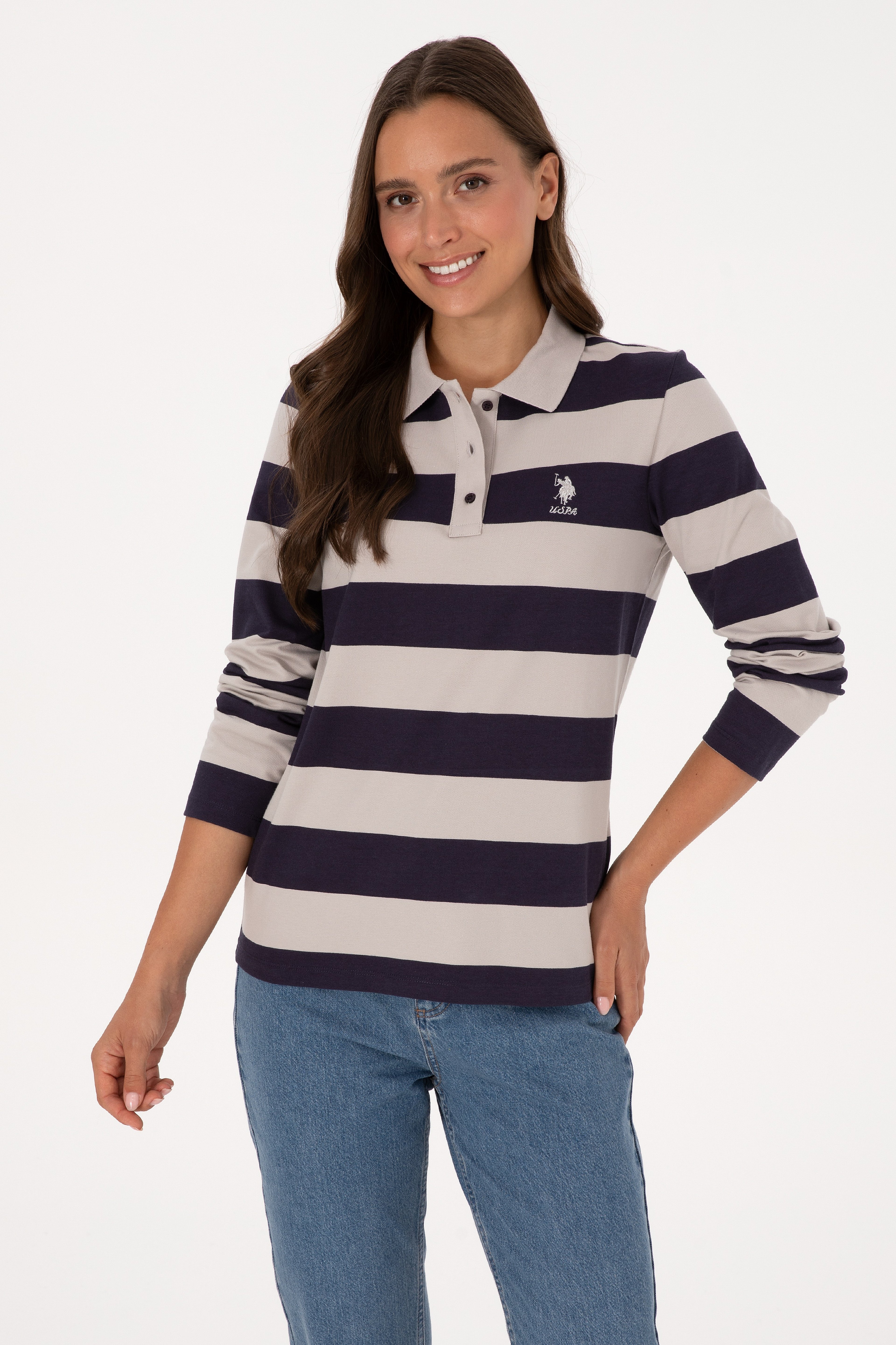 Kadın Mürdüm Çizgili Polo Yaka Sweatshirt - Image 1