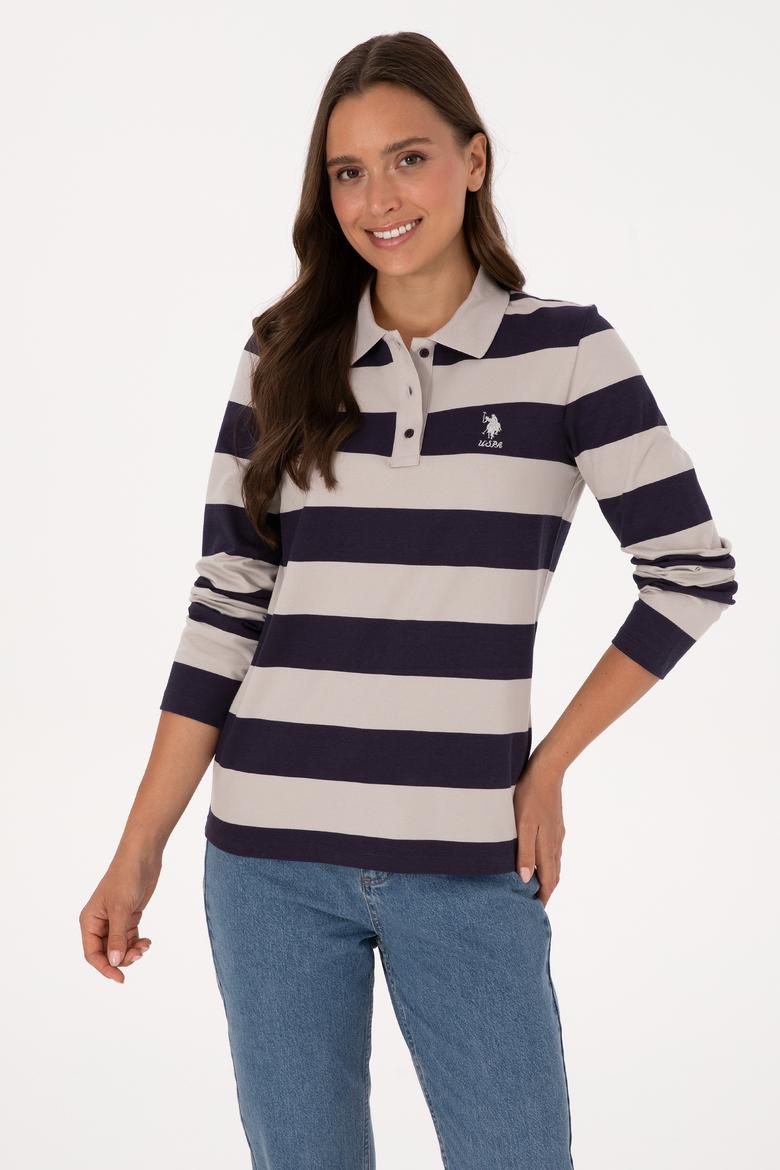 Kadın Mürdüm Çizgili Polo Yaka Sweatshirt