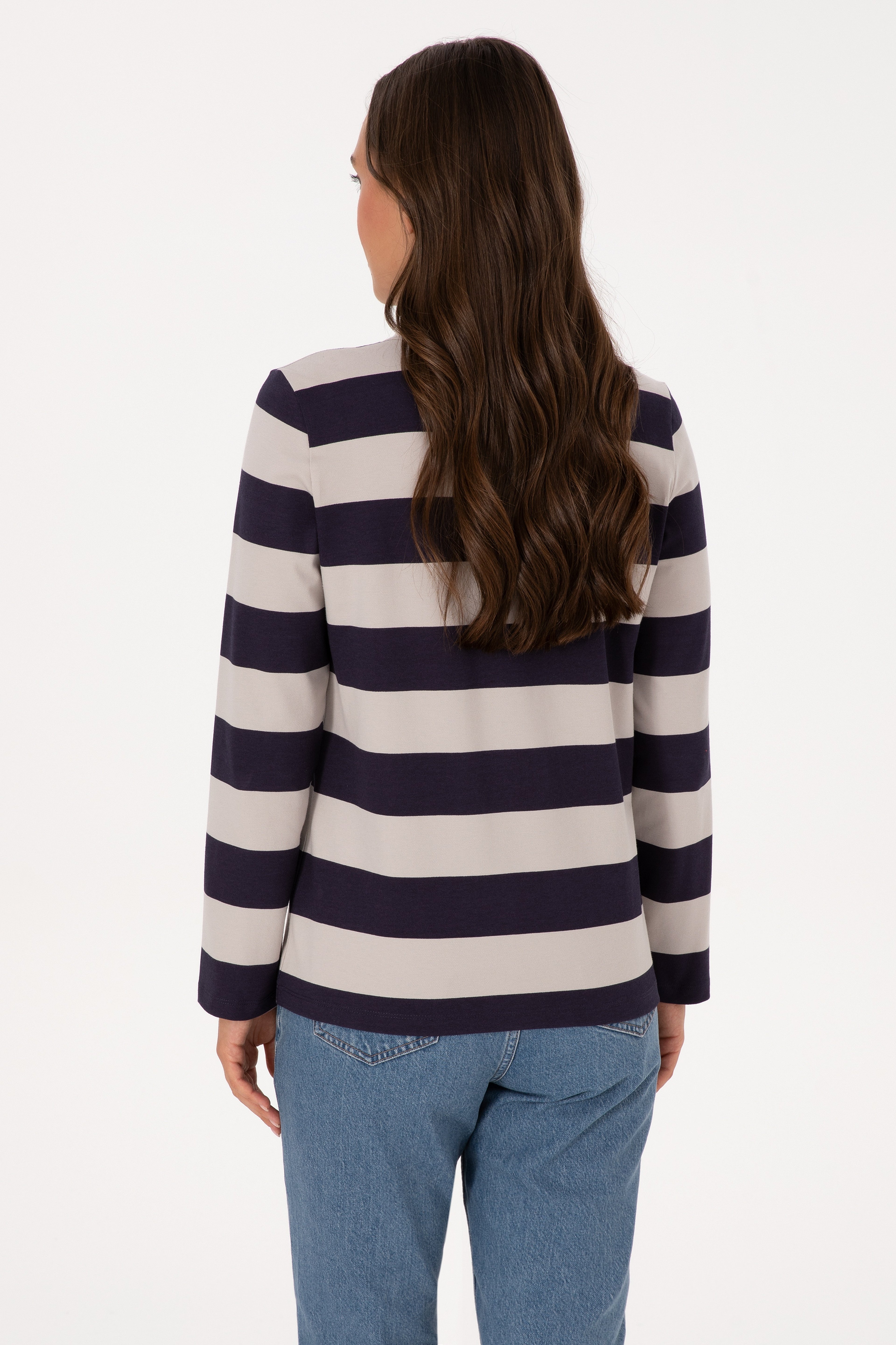 Kadın Mürdüm Çizgili Polo Yaka Sweatshirt