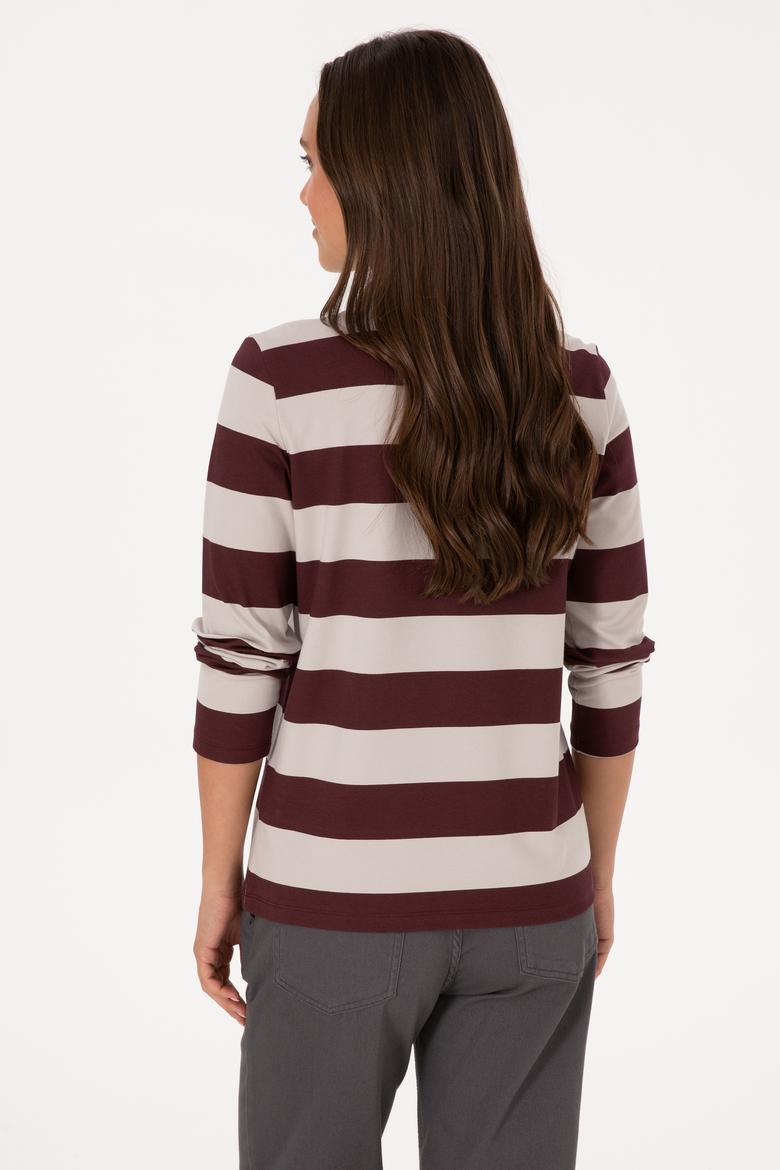 Kadın Bordo Çizgili Polo Yaka Sweatshirt - 50314207005