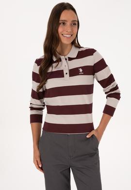 Kadın Bordo Çizgili Polo Yaka Sweatshirt - 50314207005