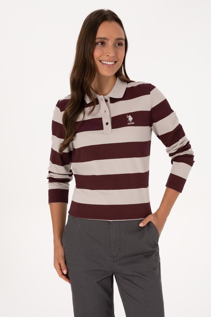 Kadın Bordo Çizgili Polo Yaka Sweatshirt