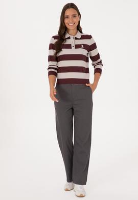 Kadın Bordo Çizgili Polo Yaka Sweatshirt - 50314207005