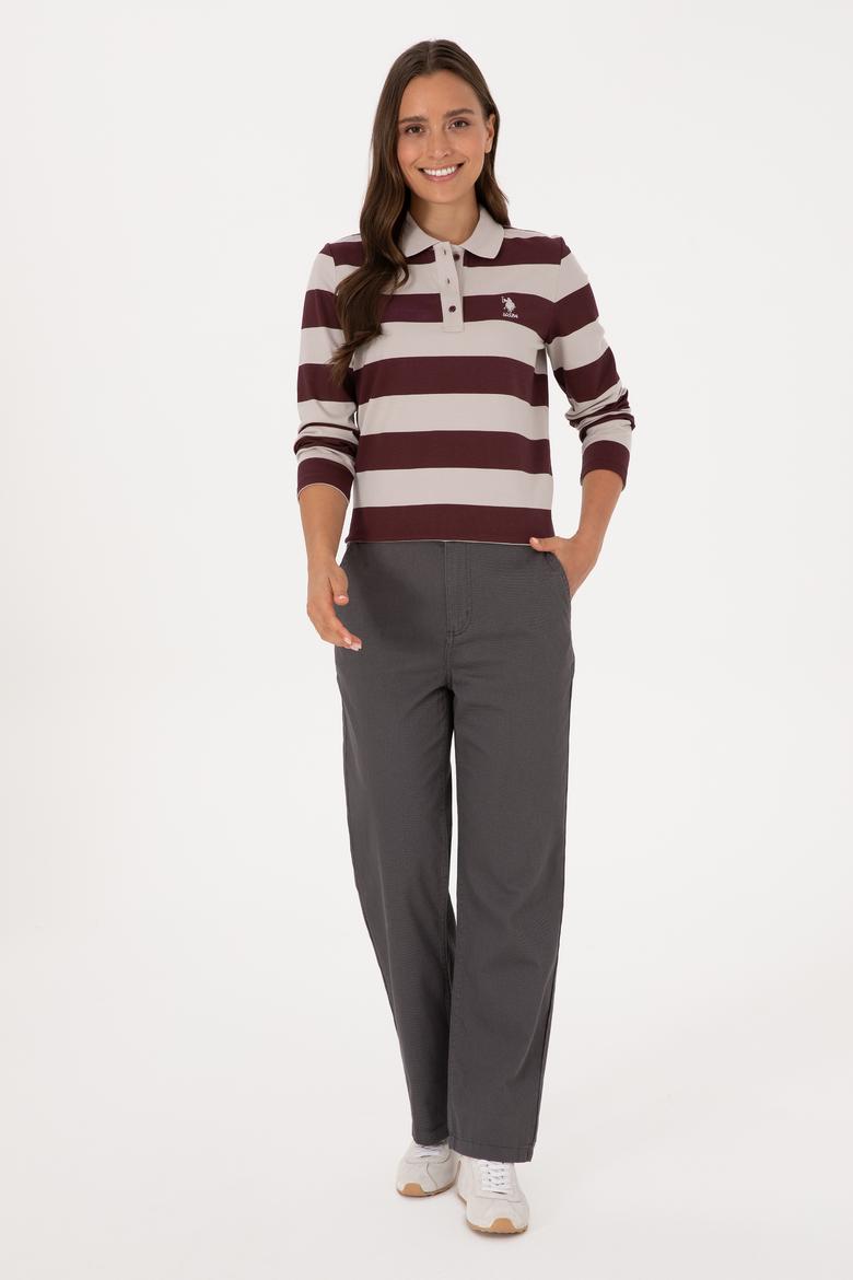 Kadın Bordo Çizgili Polo Yaka Sweatshirt - 50314207005