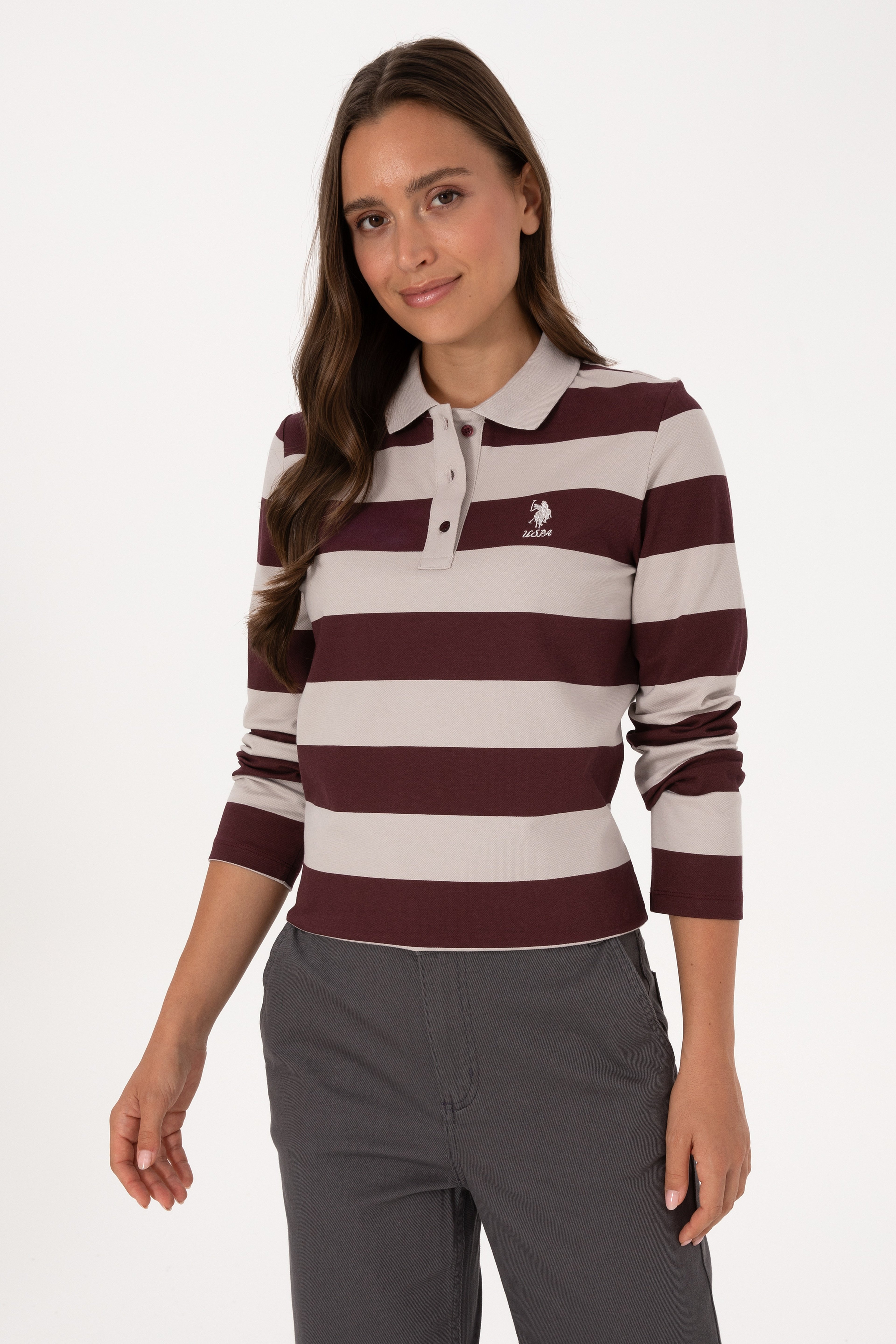 Kadın Bordo Çizgili Polo Yaka Sweatshirt - Image 3