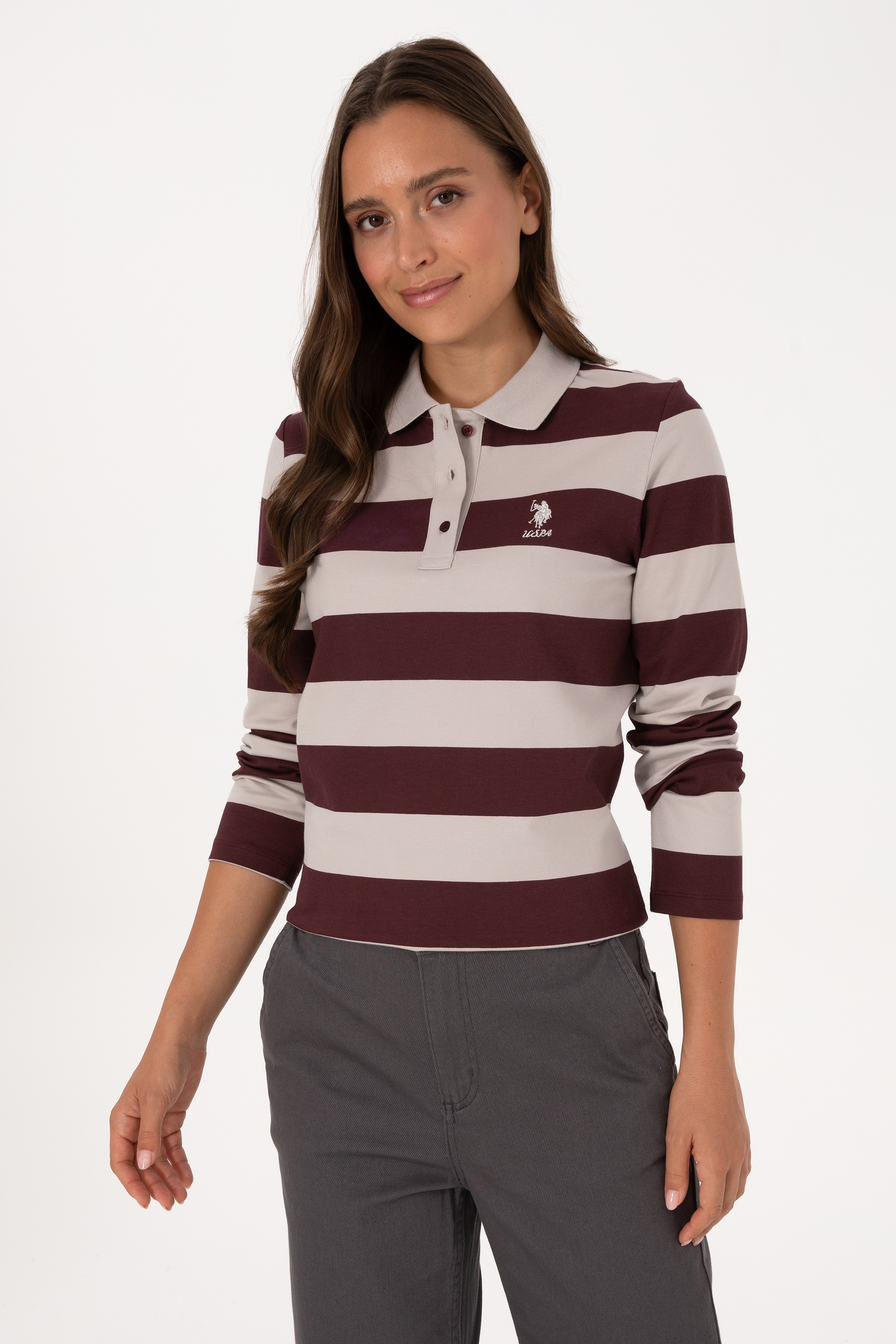 Kadın Bordo Çizgili Polo Yaka Sweatshirt