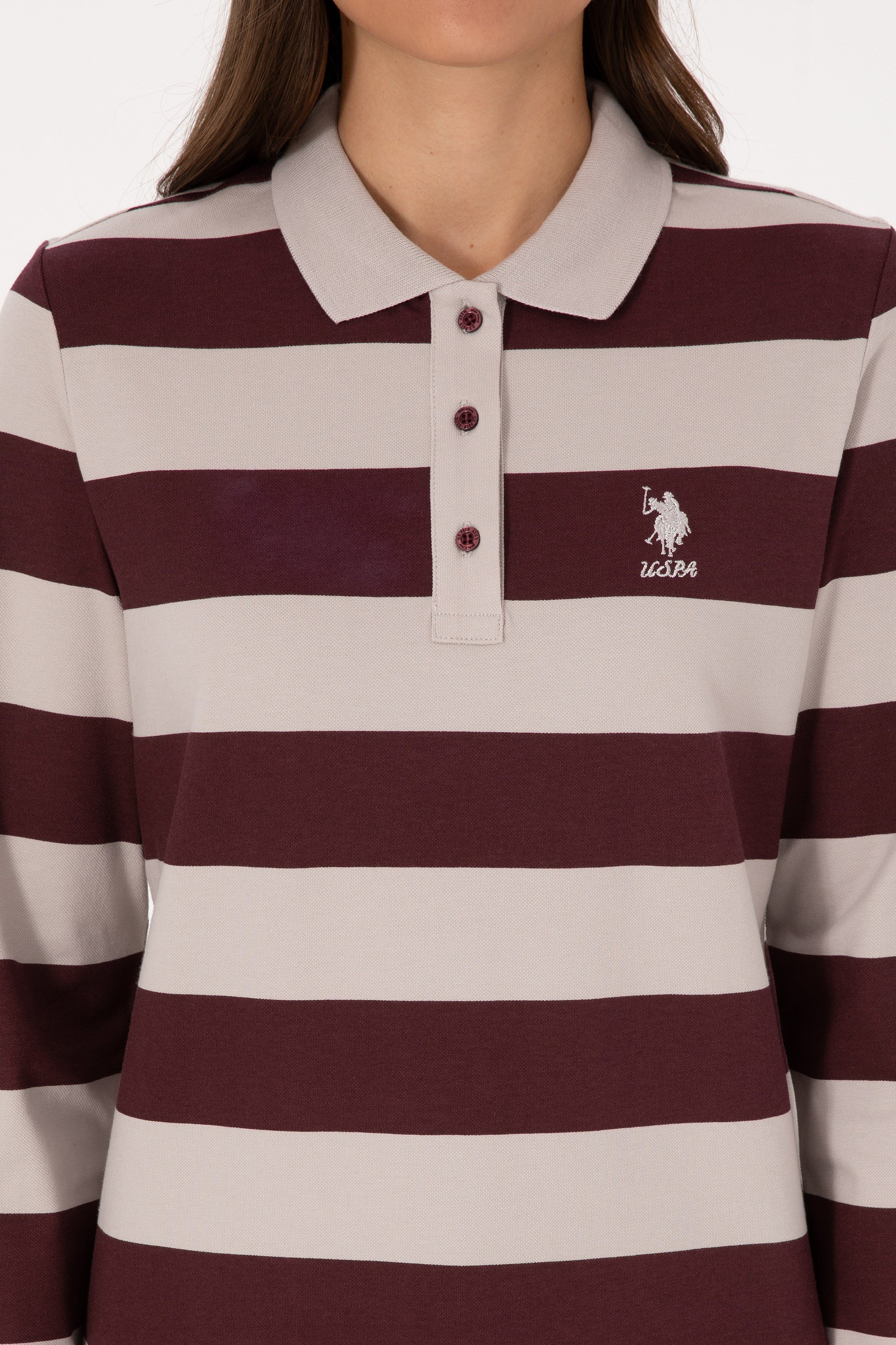 Kadın Bordo Çizgili Polo Yaka Sweatshirt - Image 6