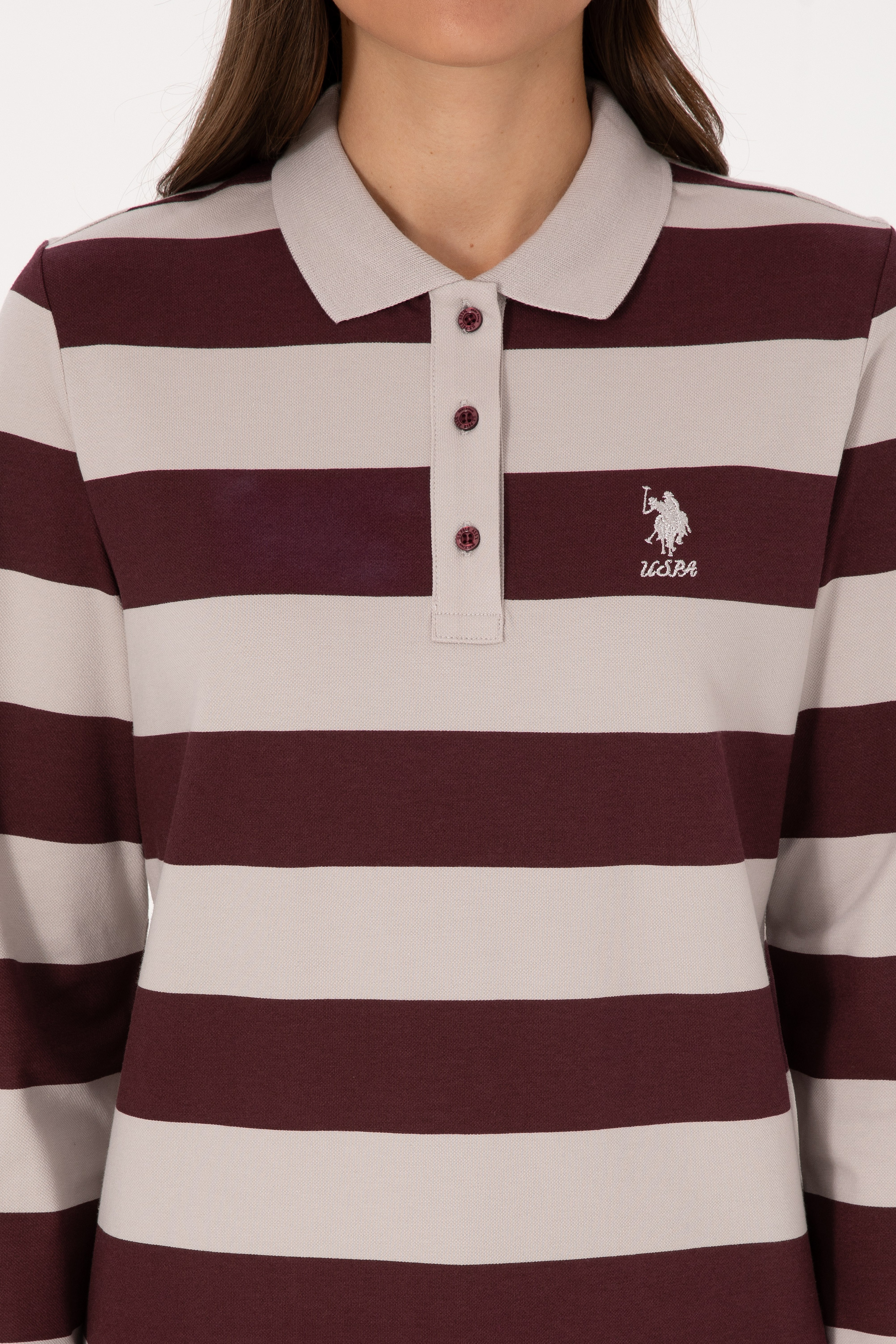 Kadın Bordo Çizgili Polo Yaka Sweatshirt