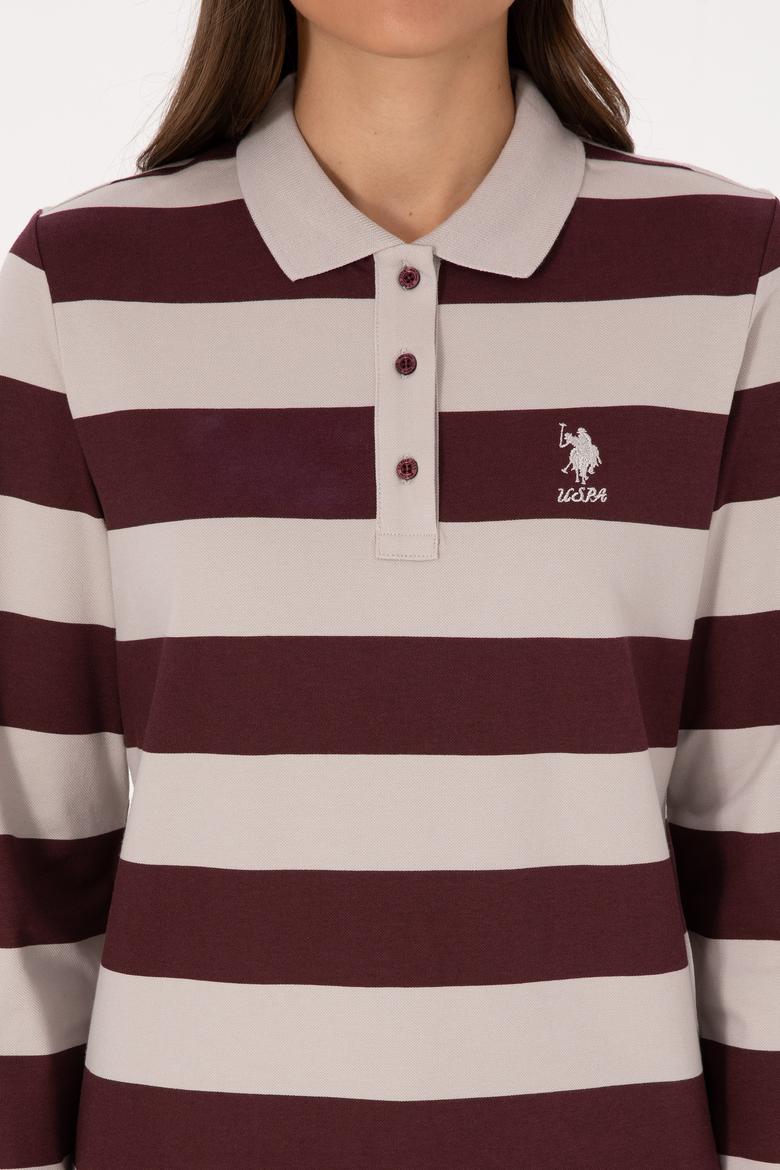 Kadın Bordo Çizgili Polo Yaka Sweatshirt - 50314207005