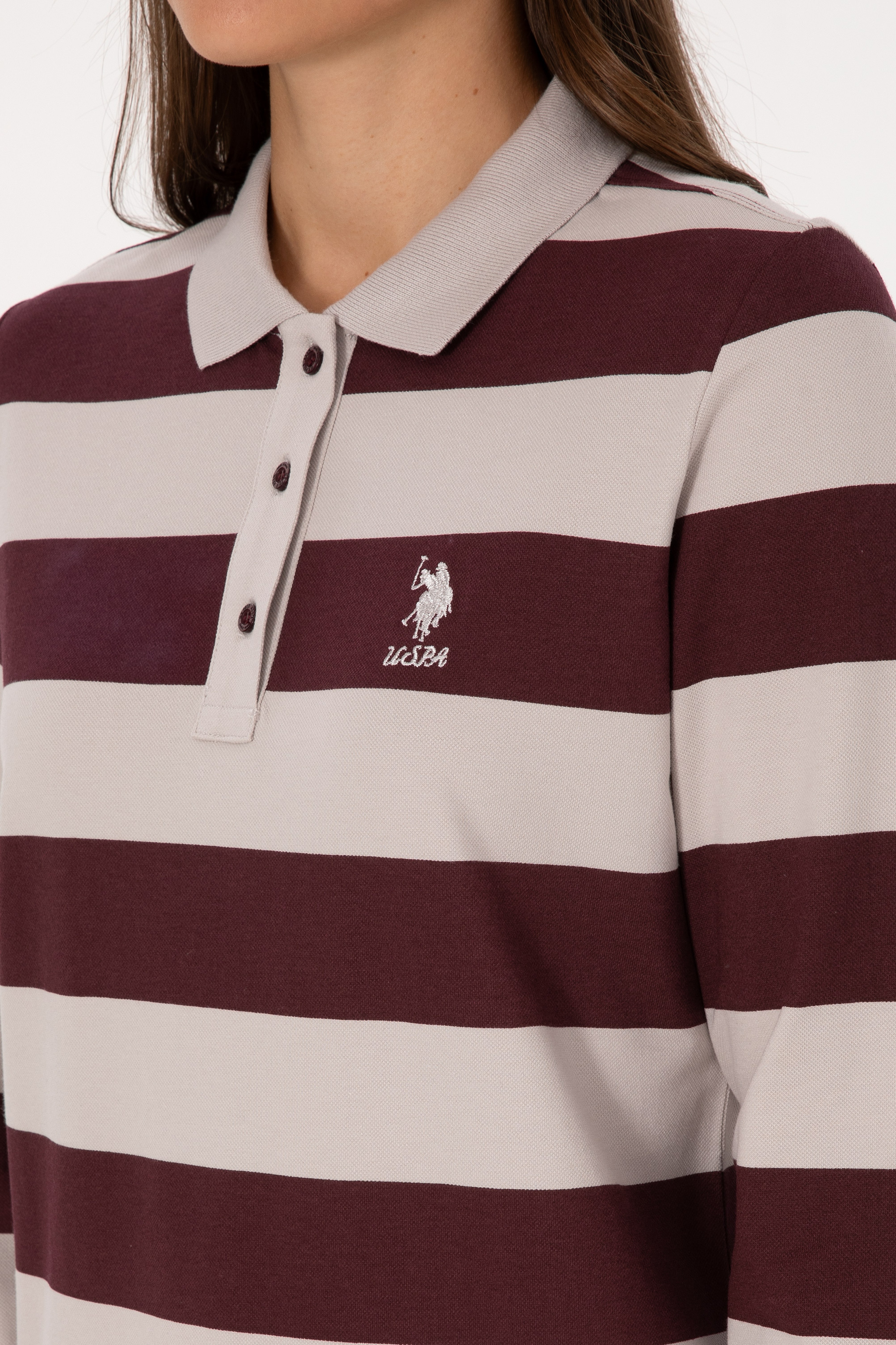 Kadın Bordo Çizgili Polo Yaka Sweatshirt
