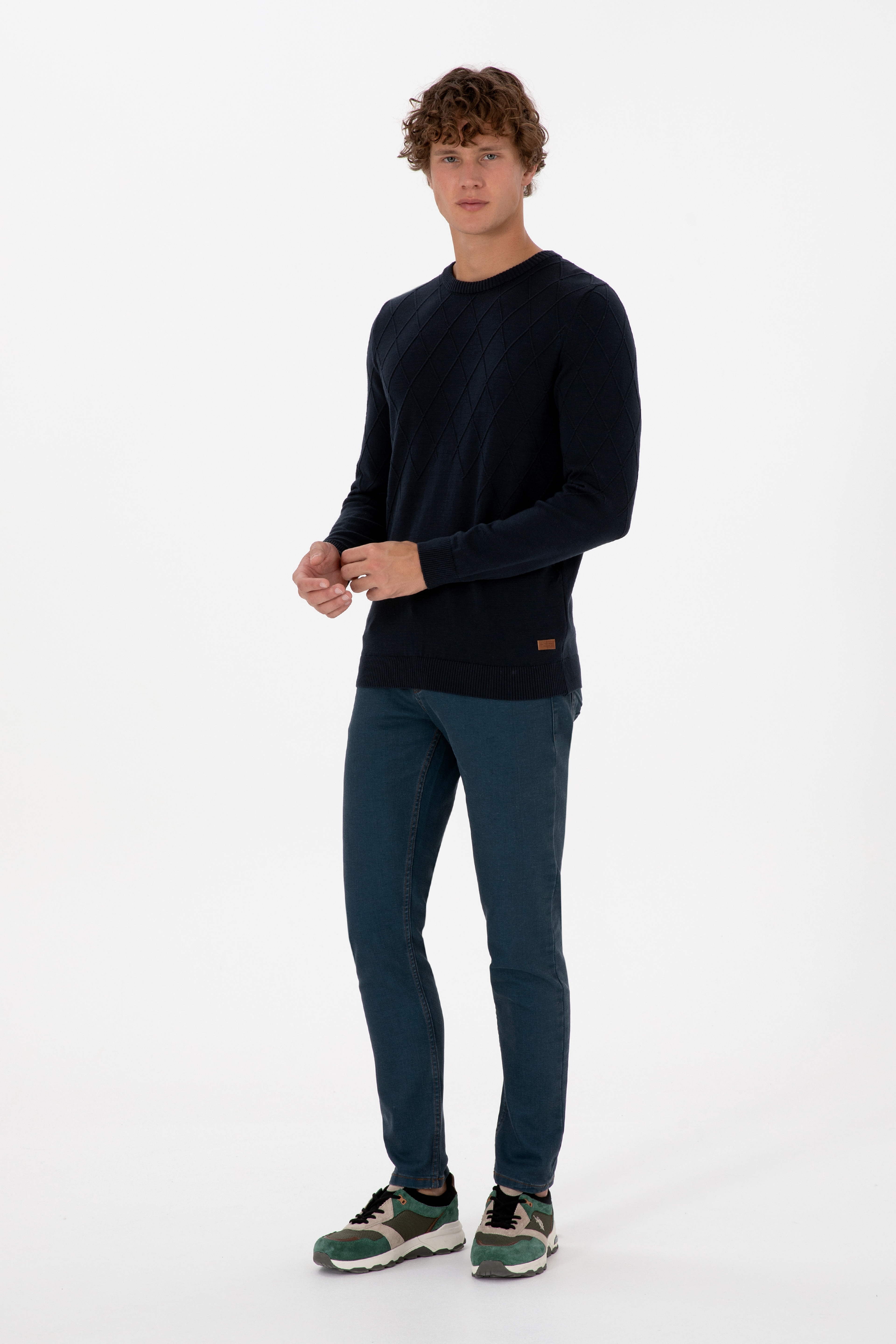 Erkek Slim Fit Bisiklet Yaka Desenli Açık Lacivert Kazak - Image 4