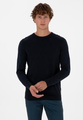 Erkek Slim Fit Bisiklet Yaka Desenli Açık Lacivert Kazak - 50315748007