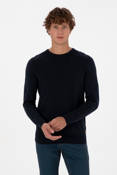 Erkek Slim Fit Bisiklet Yaka Desenli Açık Lacivert Kazak