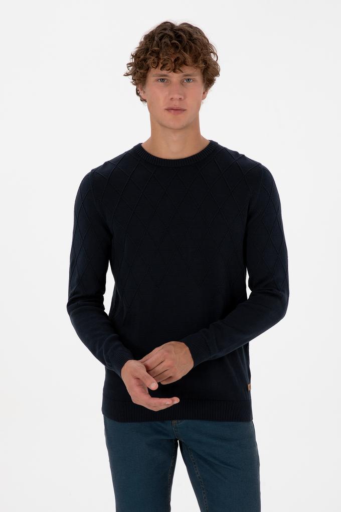 Erkek Slim Fit Bisiklet Yaka Desenli Açık Lacivert Kazak