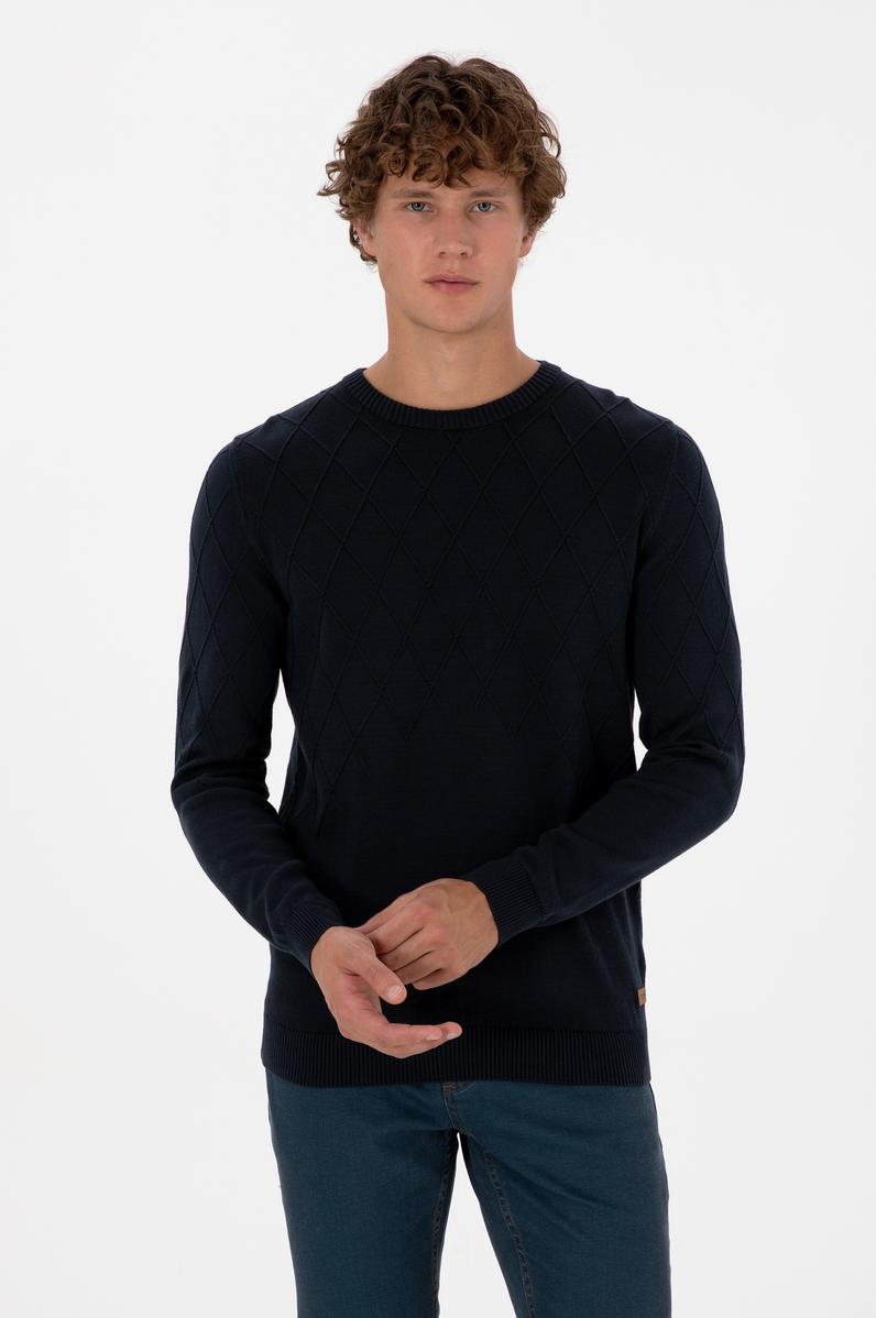 Erkek Slim Fit Bisiklet Yaka Desenli Açık Lacivert Kazak