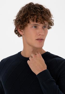 Erkek Slim Fit Bisiklet Yaka Desenli Açık Lacivert Kazak - 50315748007